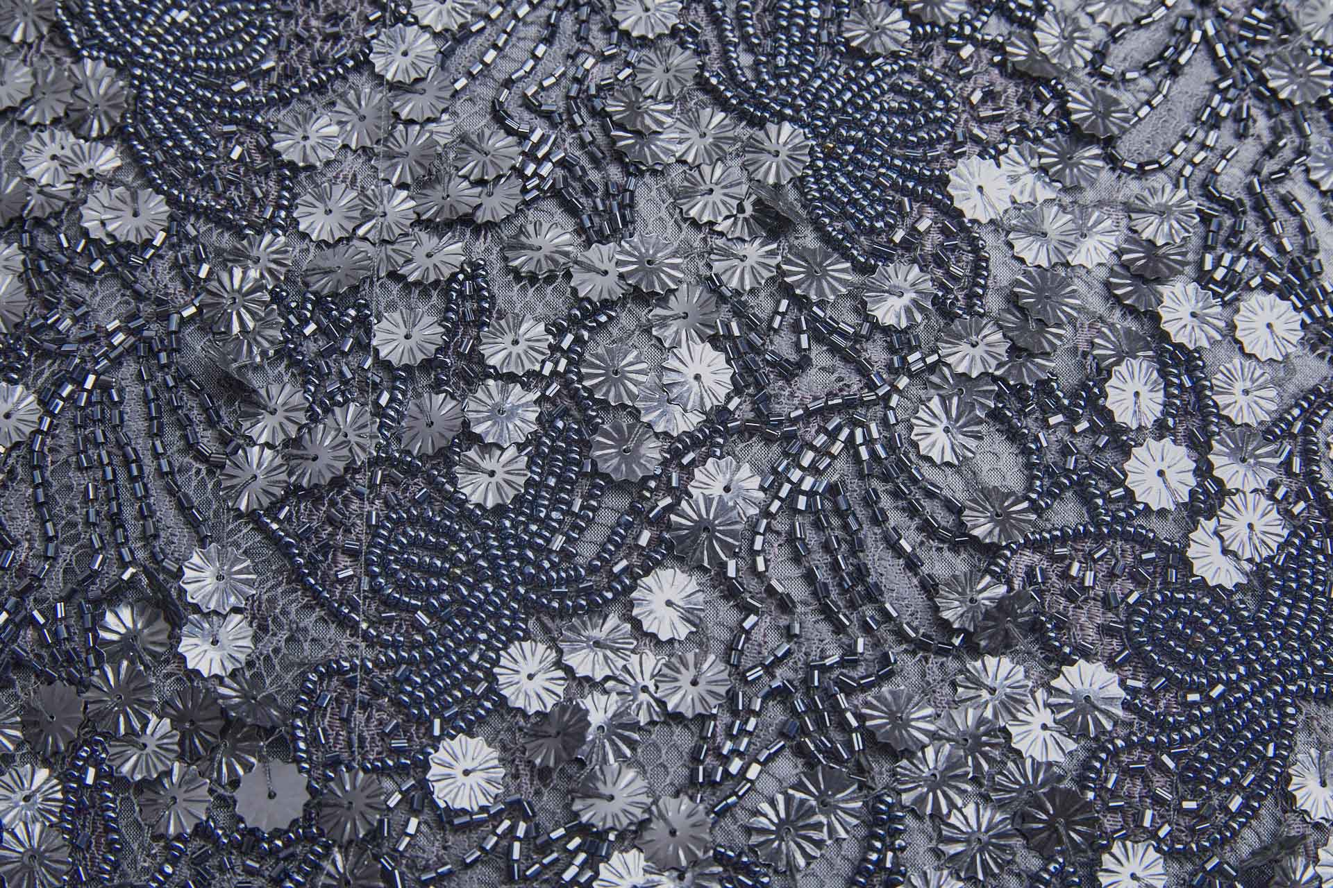 Gunmetal Flower Sequins and Gunmetal Beads on Lace fabric, image 2 of 8
