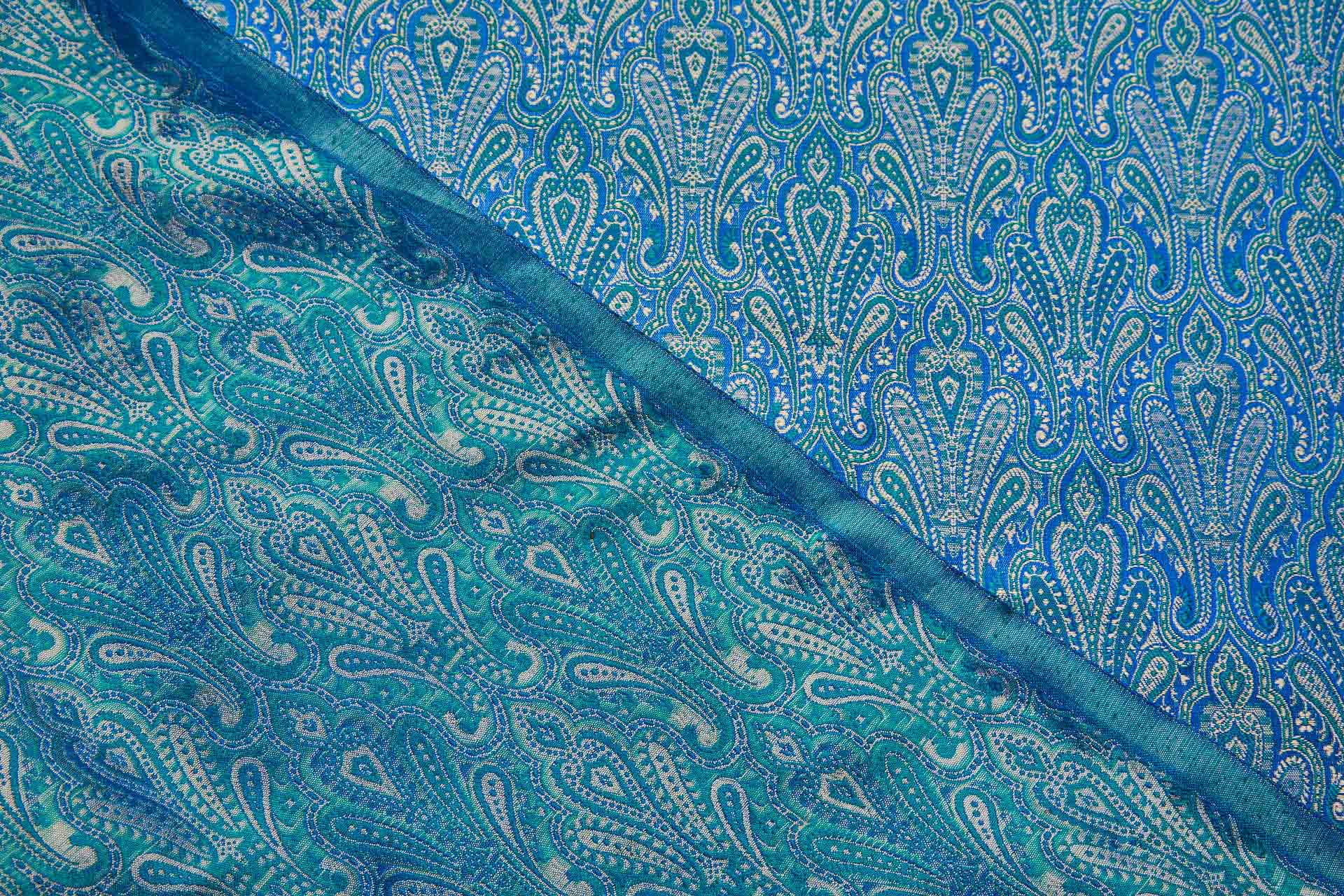 Banaras Brocade - Royal Blue, Teal and Cream fabric, image 4 of 11
