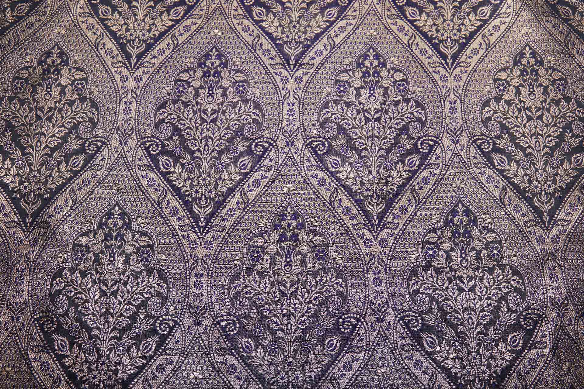 Floral Arrangement Banaras Brocade - Antique Gold, Indigo and Black fabric, image 3 of 7
