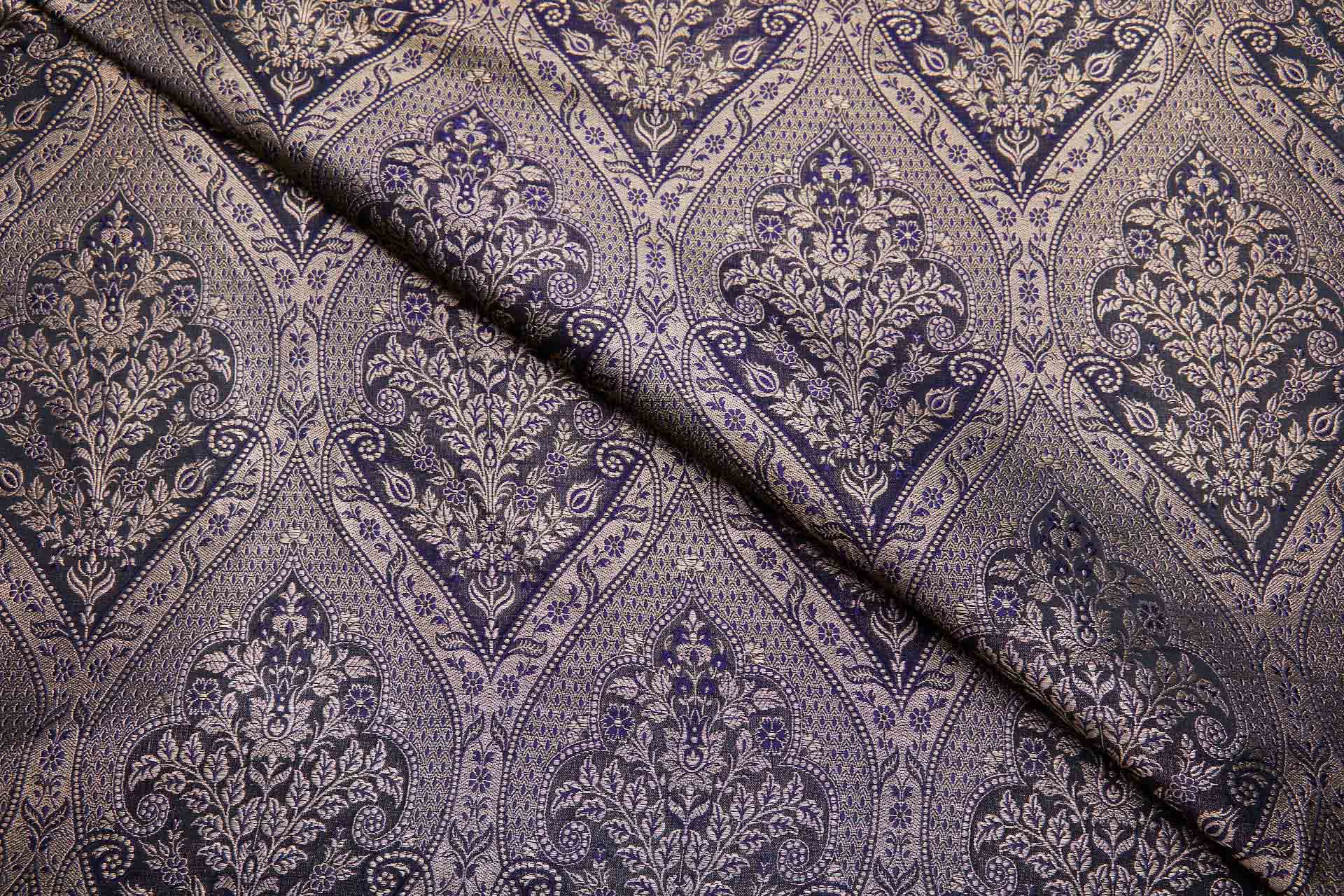 Floral Arrangement Banaras Brocade - Antique Gold, Indigo and Black fabric, image 4 of 7