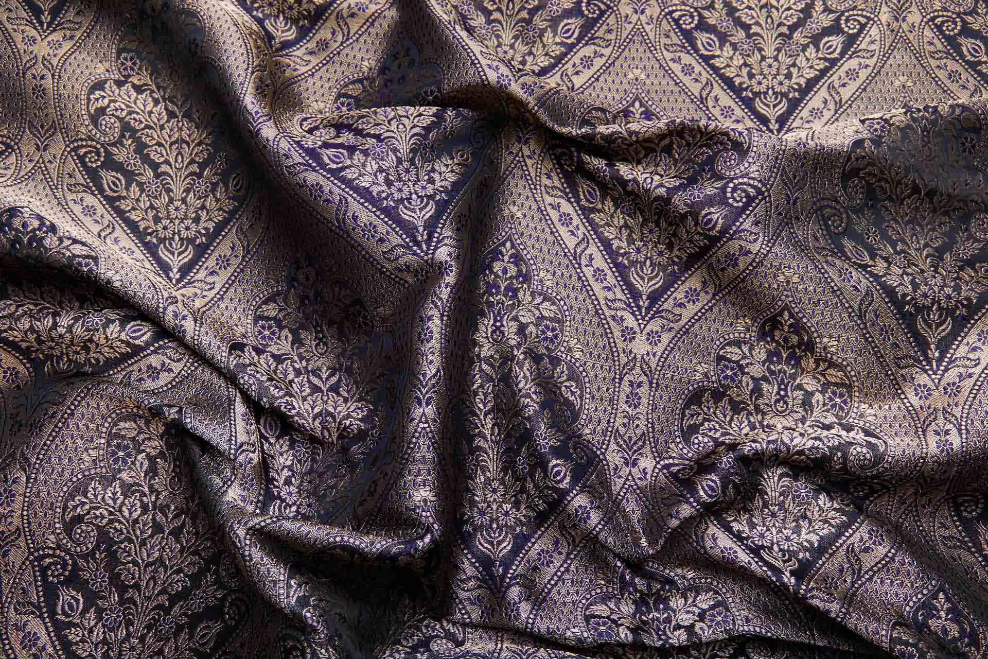 Floral Arrangement Banaras Brocade - Antique Gold, Indigo and Black fabric, image 5 of 7