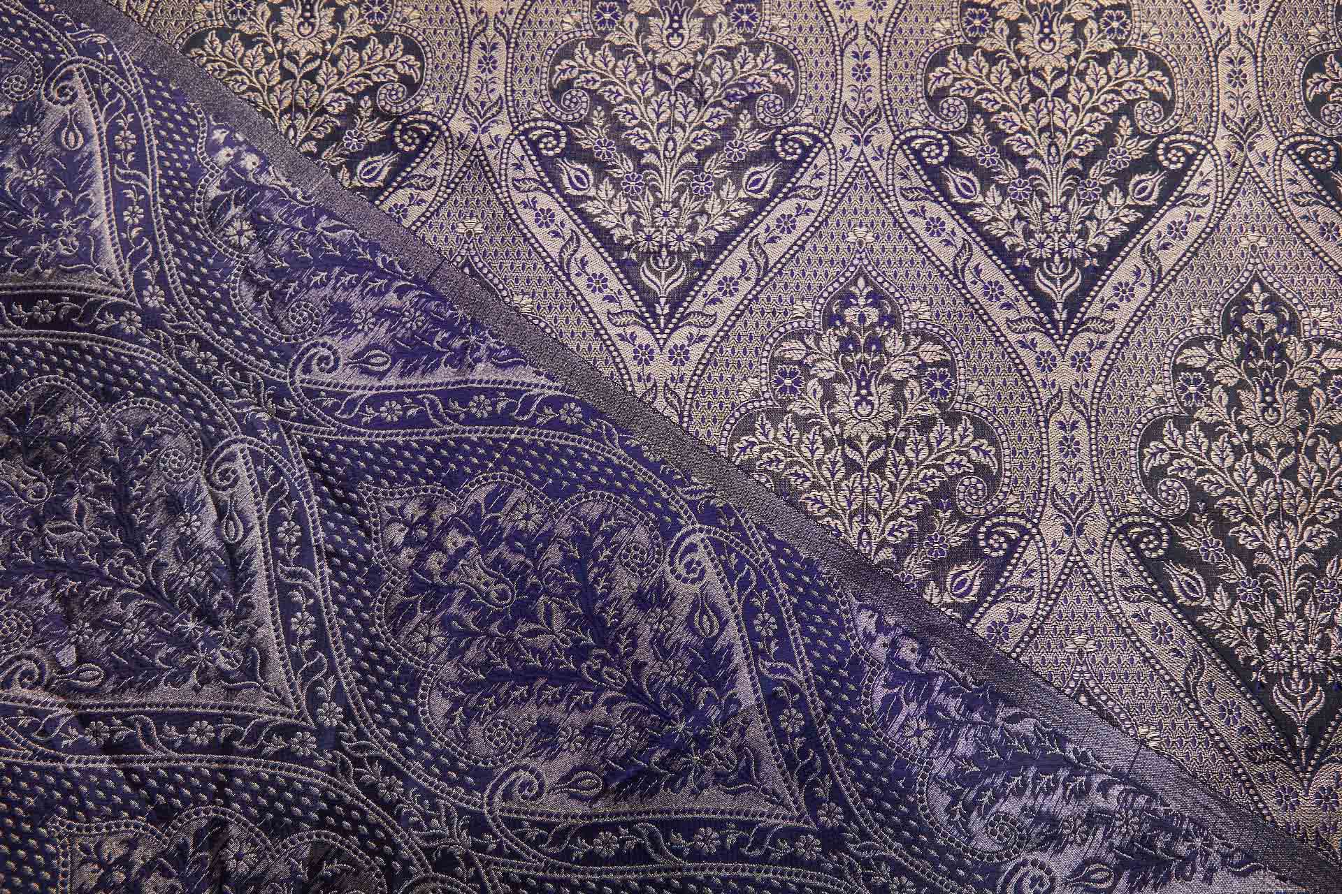 Floral Arrangement Banaras Brocade - Antique Gold, Indigo and Black fabric, image 6 of 7