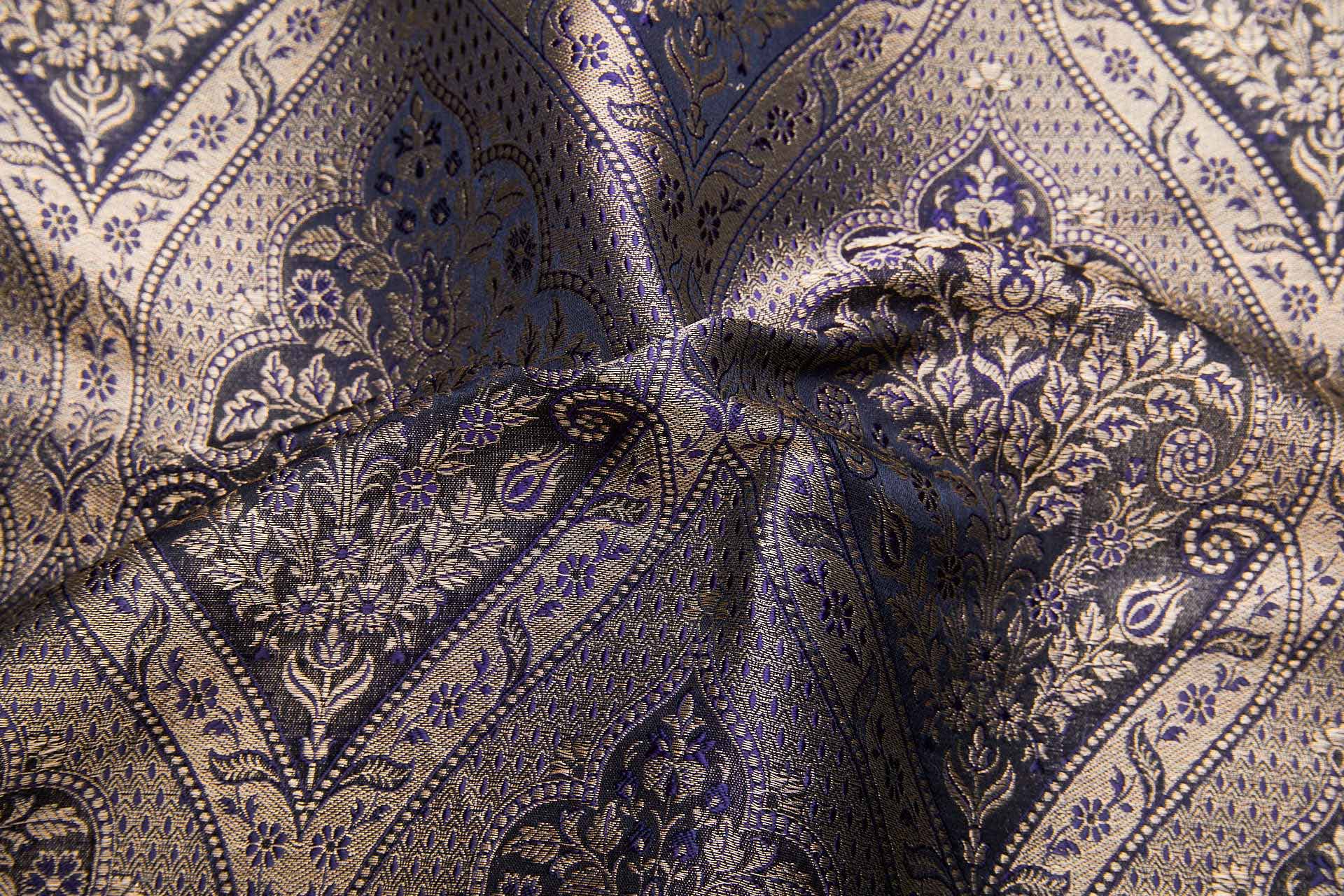 Floral Arrangement Banaras Brocade - Antique Gold, Indigo and Black fabric, image 2 of 7