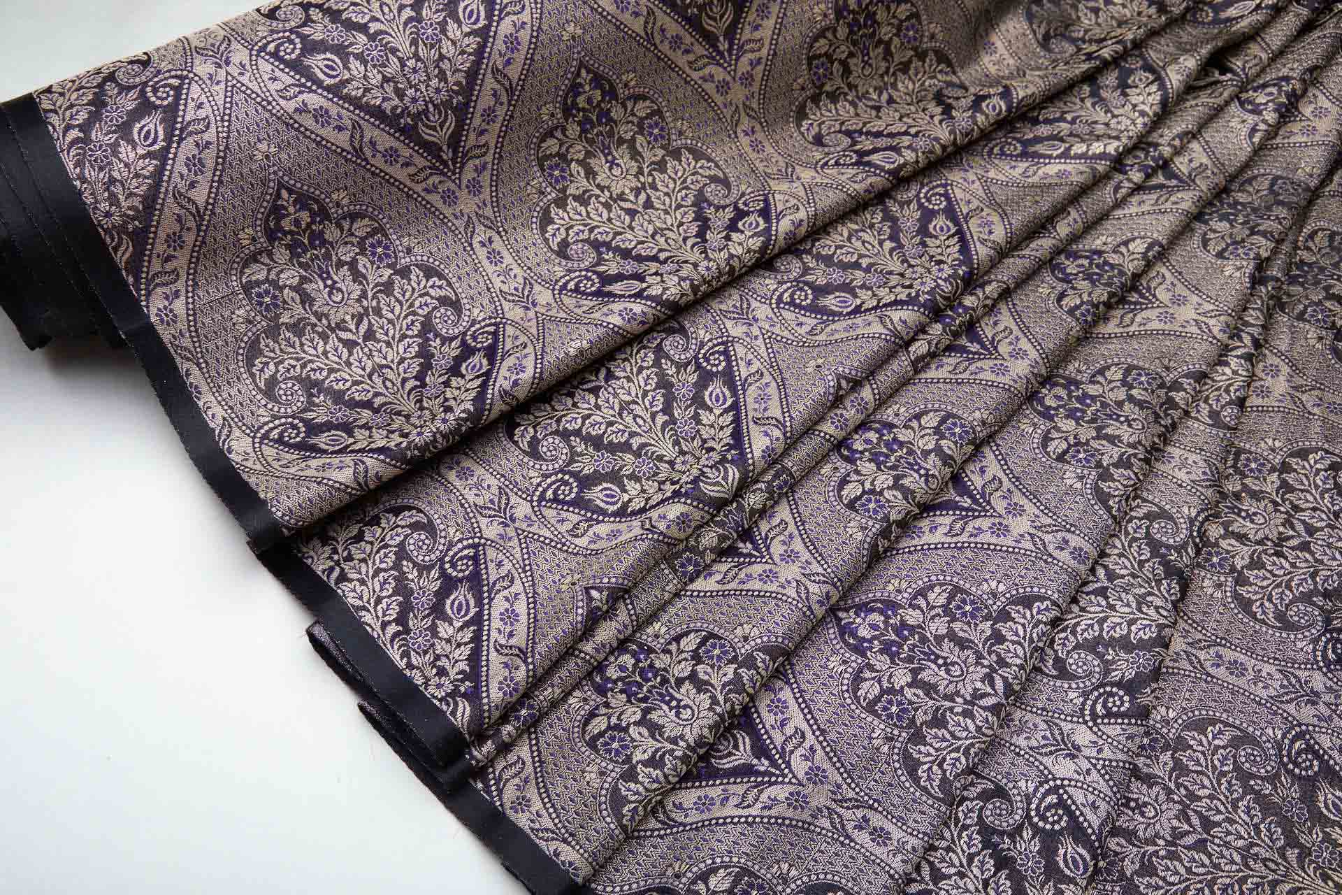 Floral Arrangement Banaras Brocade - Antique Gold, Indigo and Black fabric