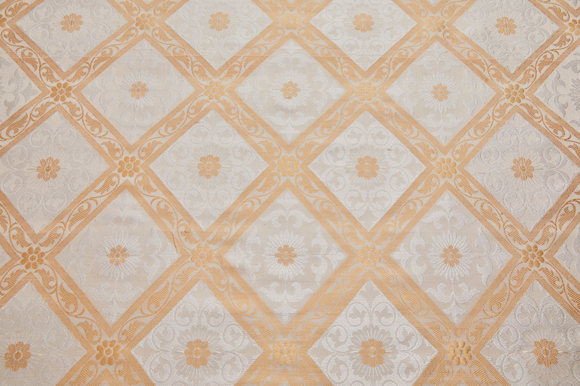 Soft Banaras Brocade - Peachy Gold and Cream Trellis Floral fabric, image 4 of 9
