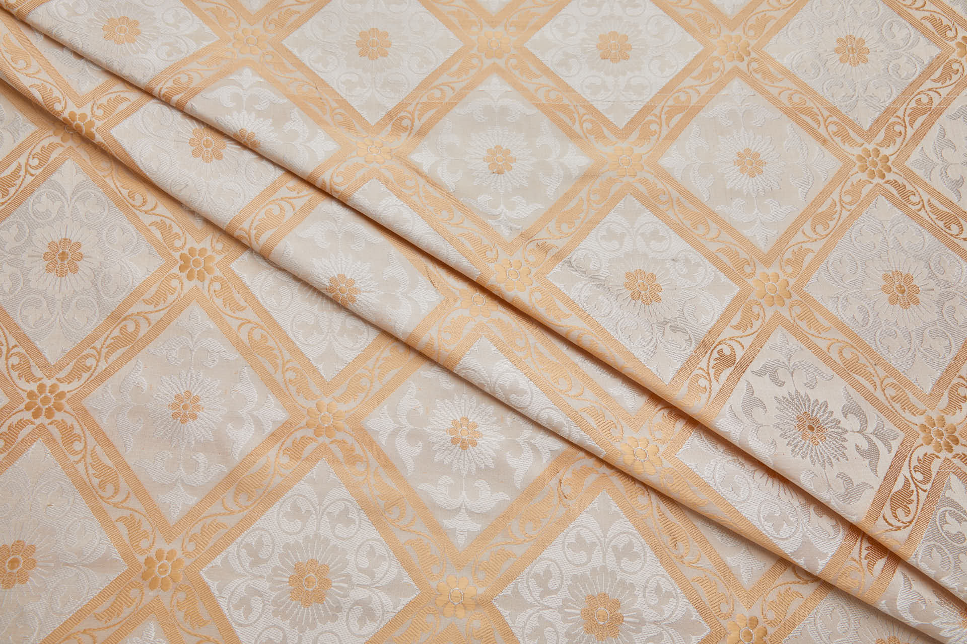 Soft Banaras Brocade - Peachy Gold and Cream Trellis Floral fabric, image 9 of 9