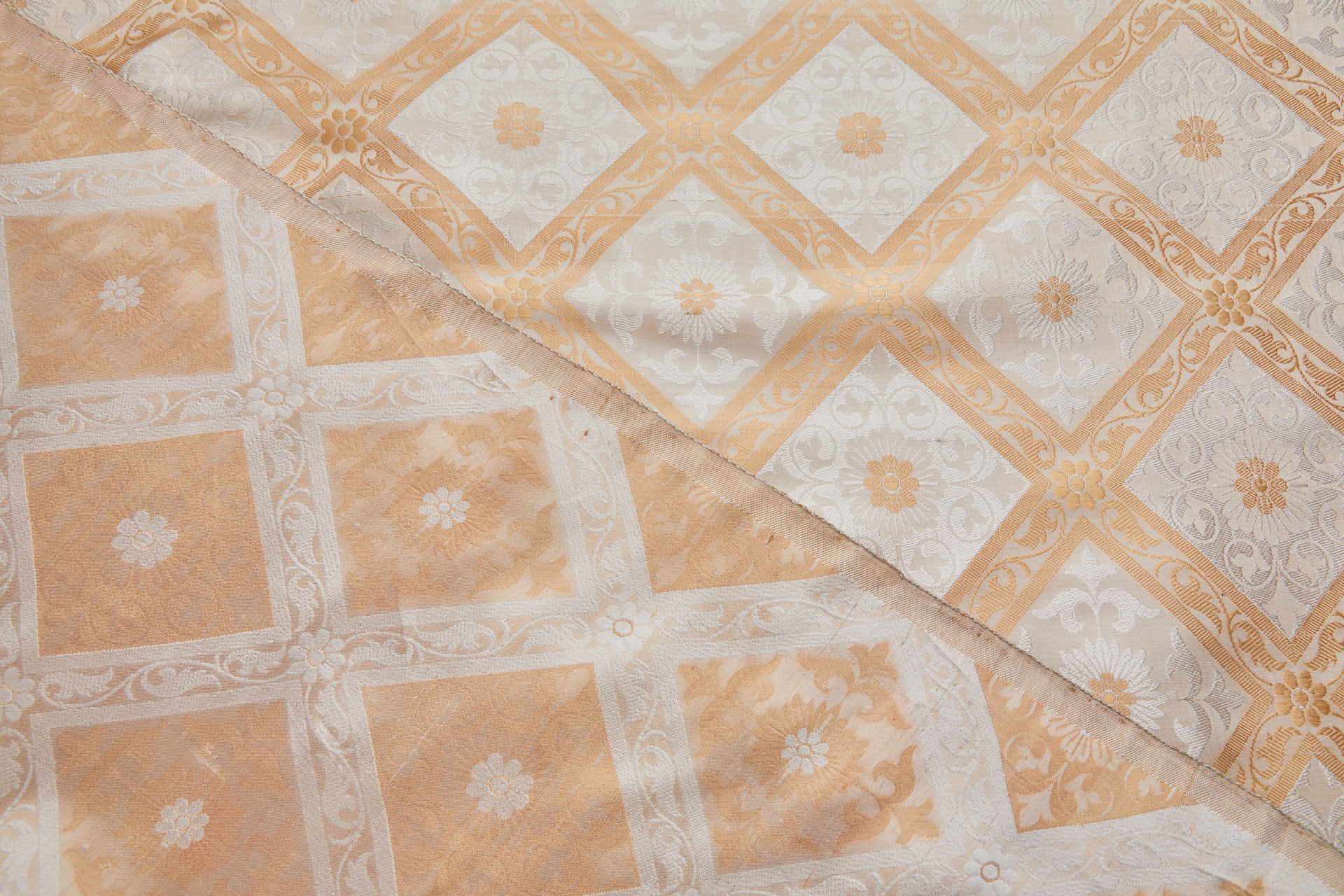 Soft Banaras Brocade - Peachy Gold and Cream Trellis Floral fabric, image 3 of 9