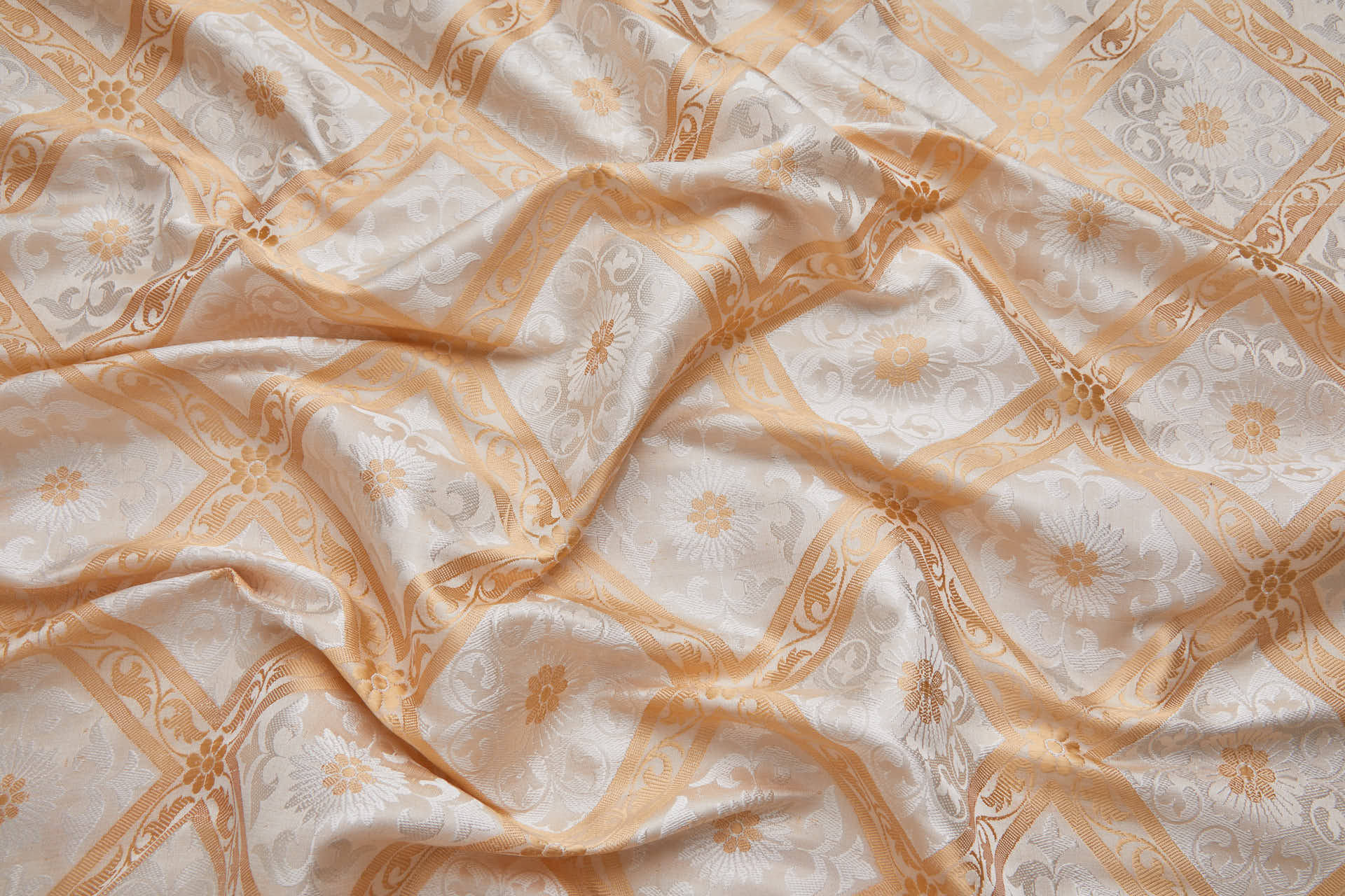 Soft Banaras Brocade - Peachy Gold and Cream Trellis Floral fabric, image 6 of 9