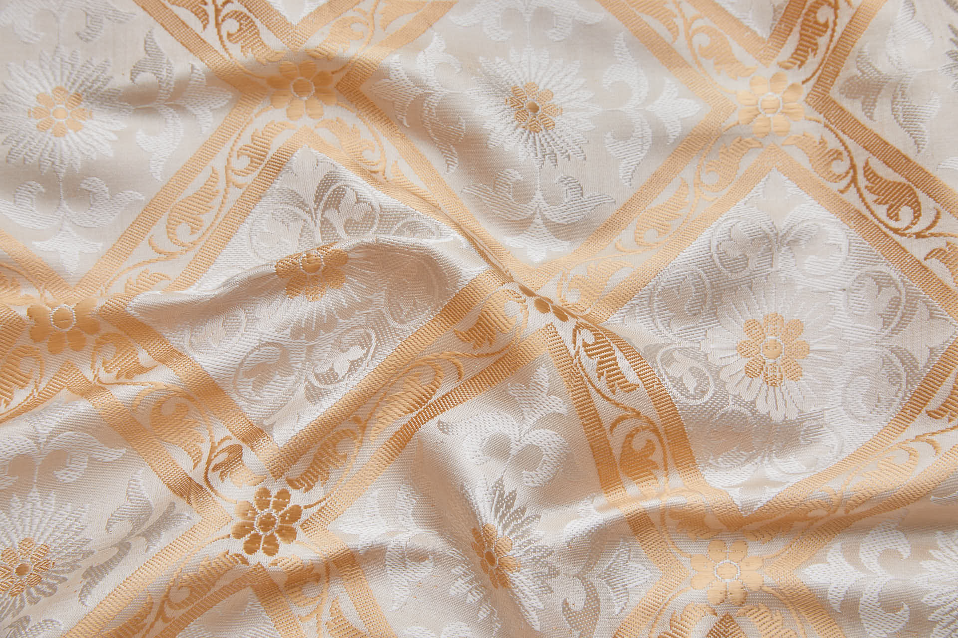 Soft Banaras Brocade - Peachy Gold and Cream Trellis Floral fabric, image 2 of 9