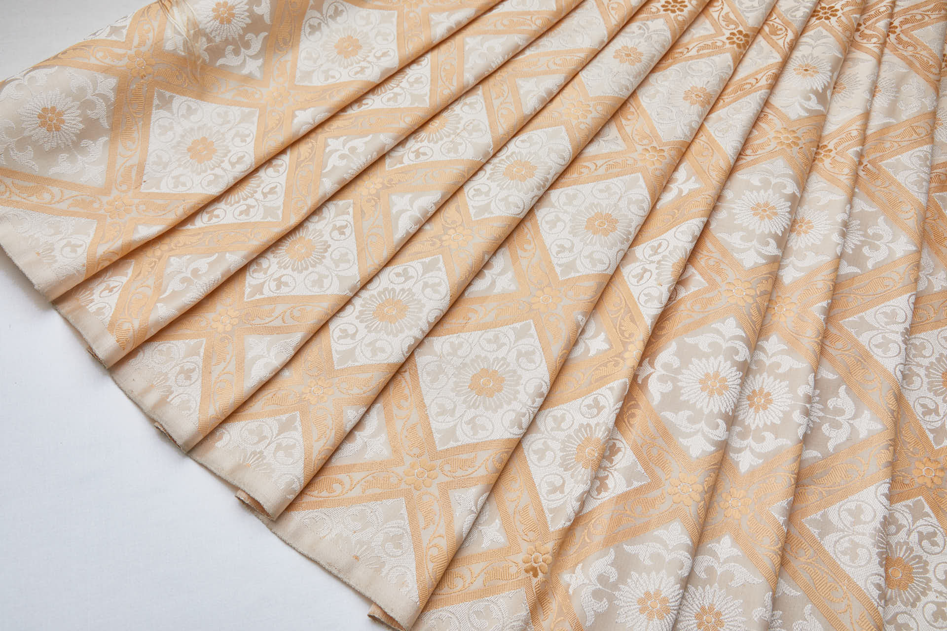 Soft Banaras Brocade - Peachy Gold and Cream Trellis Floral fabric