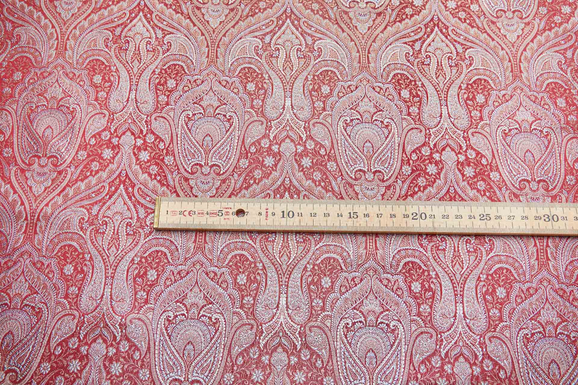 Banaras Brocade - Red, Copper and Silver Grey Paisley fabric, image 9 of 10