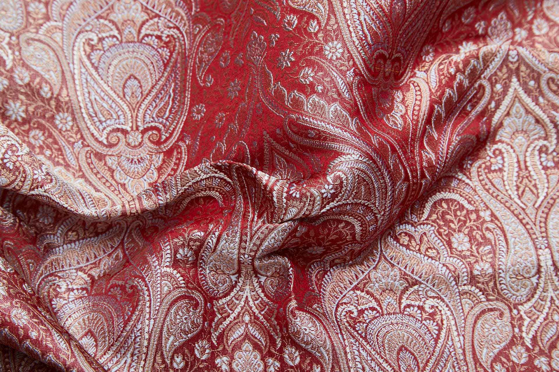 Banaras Brocade - Red, Copper and Silver Grey Paisley fabric, image 2 of 10