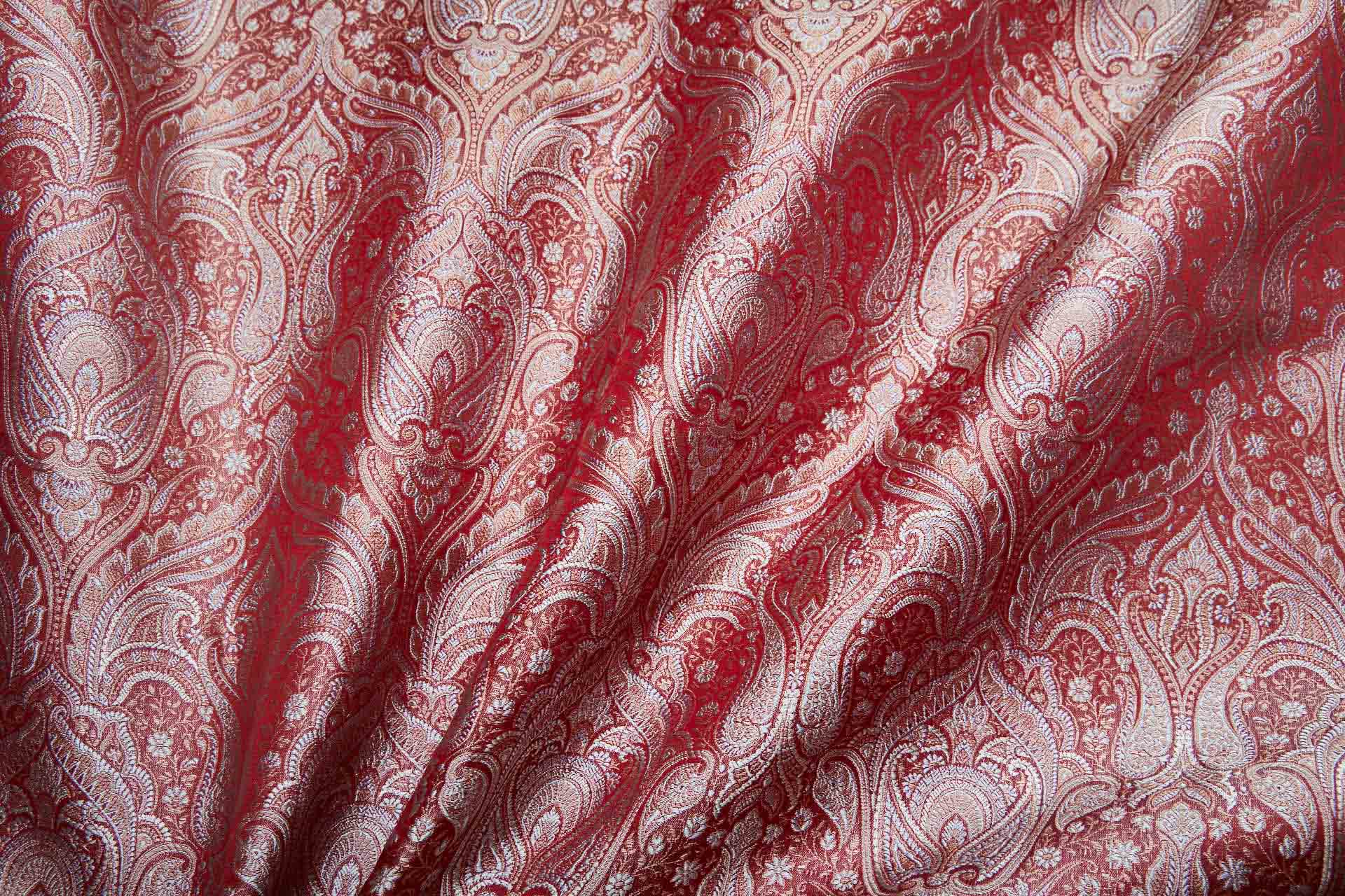 Banaras Brocade - Red, Copper and Silver Grey Paisley fabric, image 4 of 10