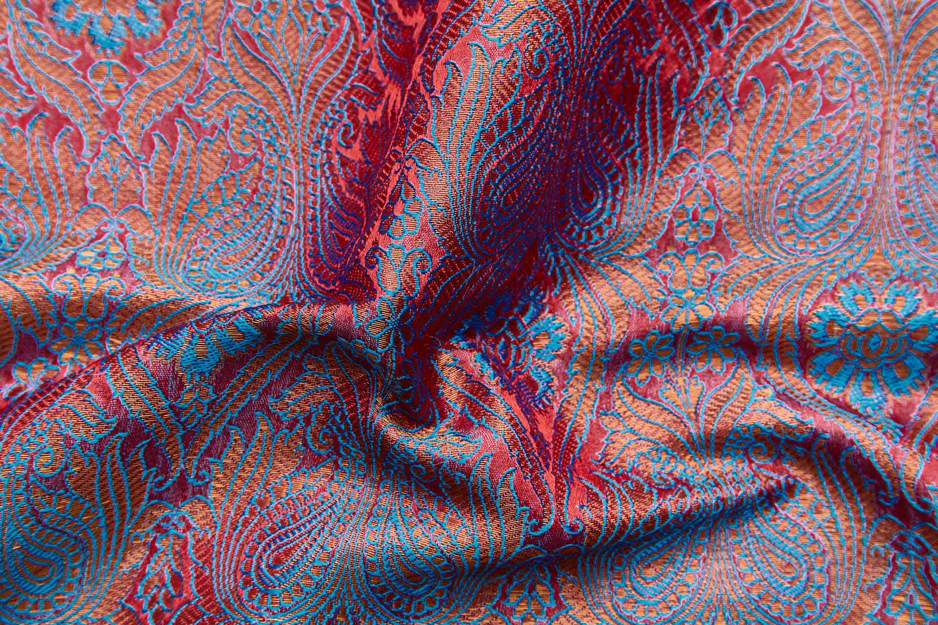 Banaras Brocade - Red, Blue and Gold fabric, image 2 of 10