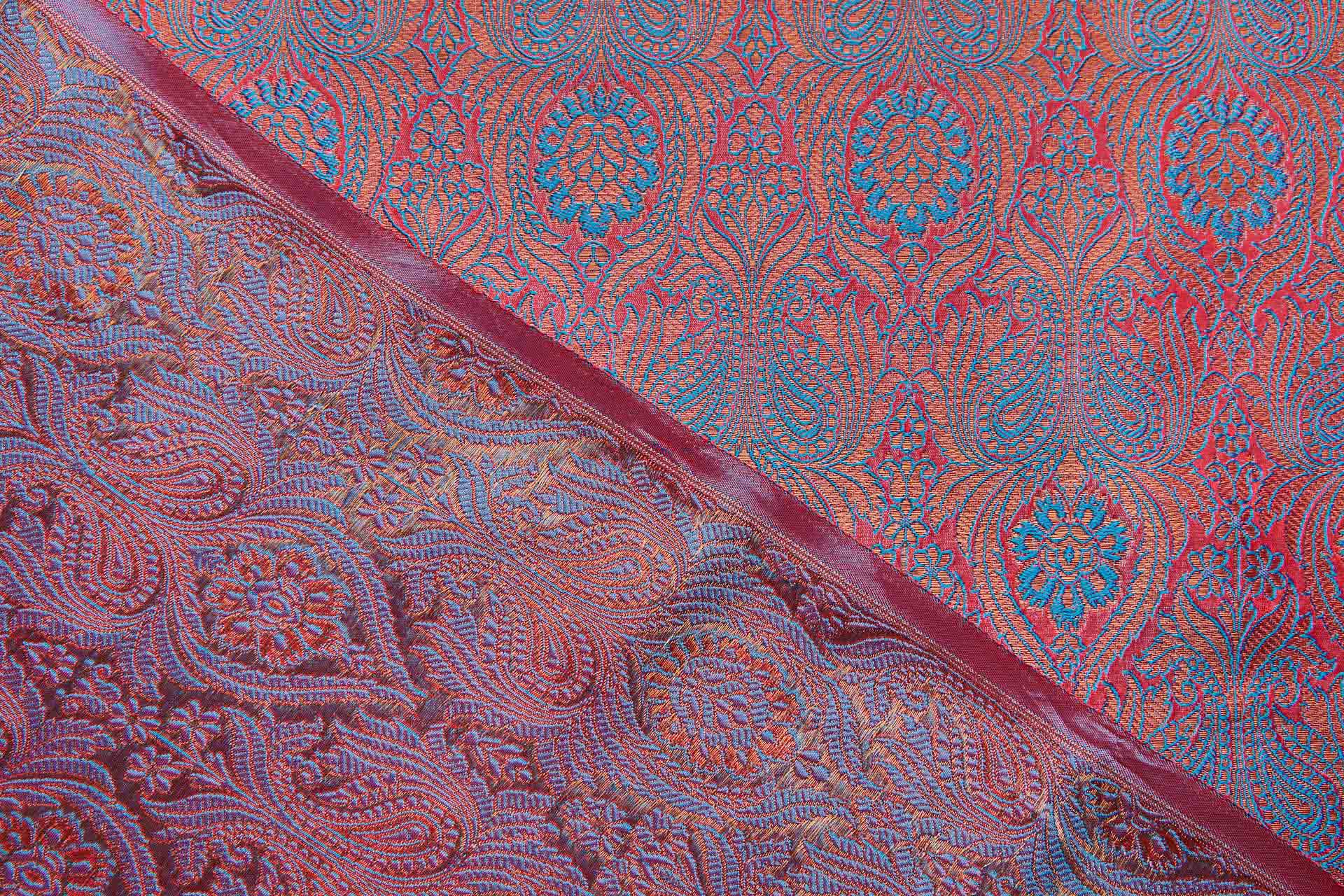 Banaras Brocade - Red, Blue and Gold fabric, image 3 of 10