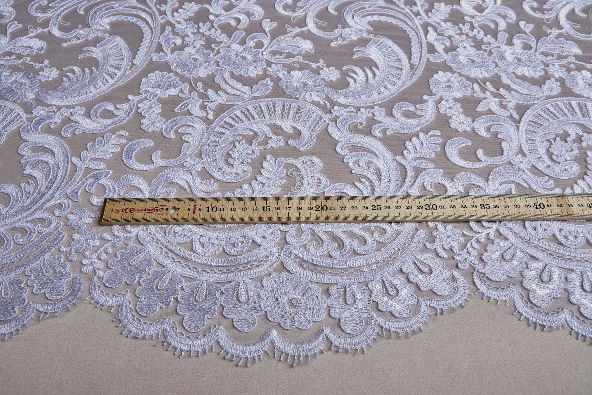 Corded Embroidered Tulle w/Sequins - White - Double Scallop fabric, image 3 of 11