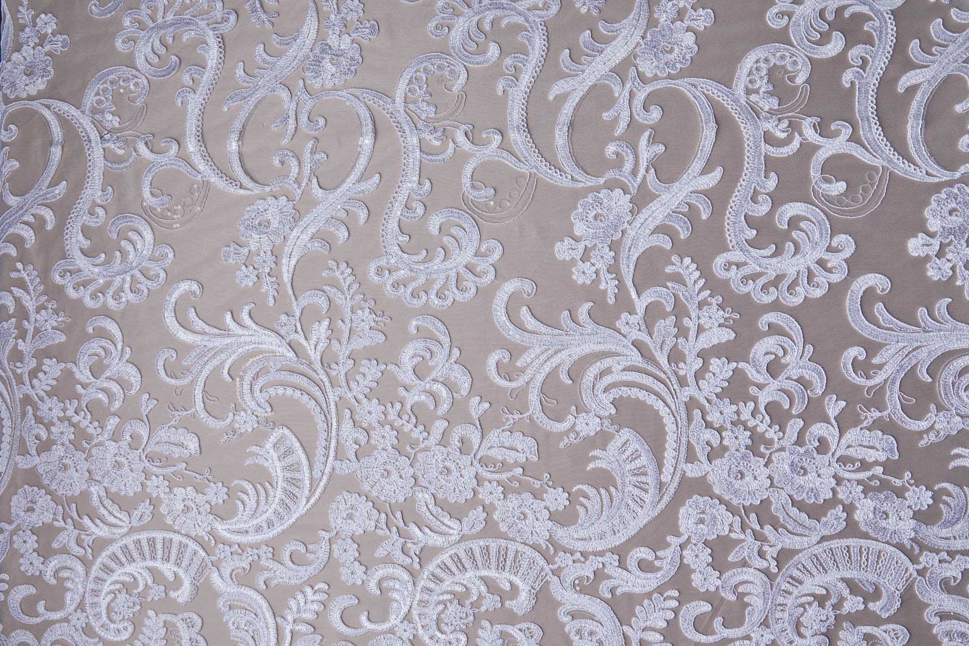 Corded Embroidered Tulle w/Sequins - White - Double Scallop fabric, image 11 of 11