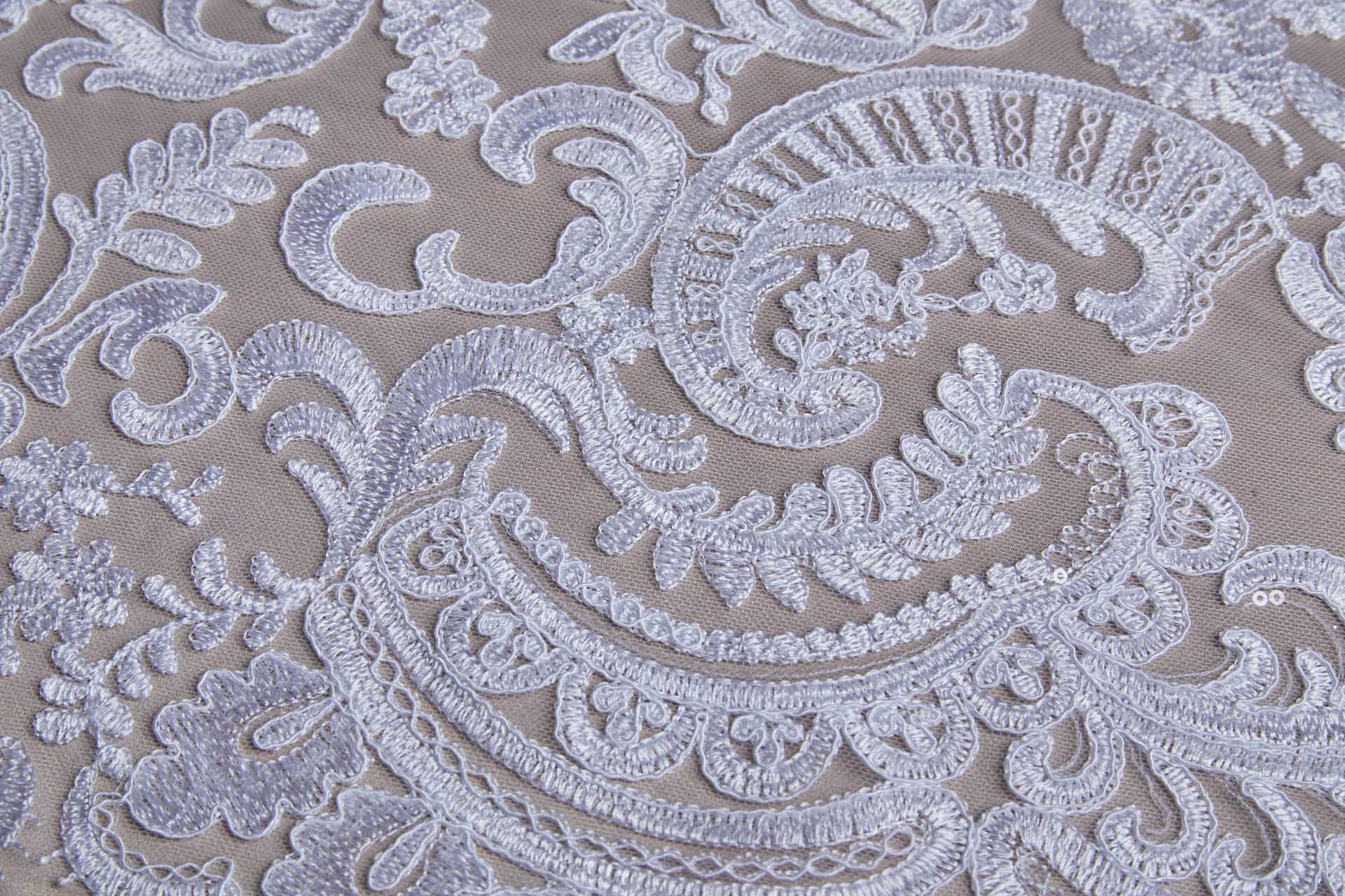 Corded Embroidered Tulle w/Sequins - White - Double Scallop fabric, image 4 of 11