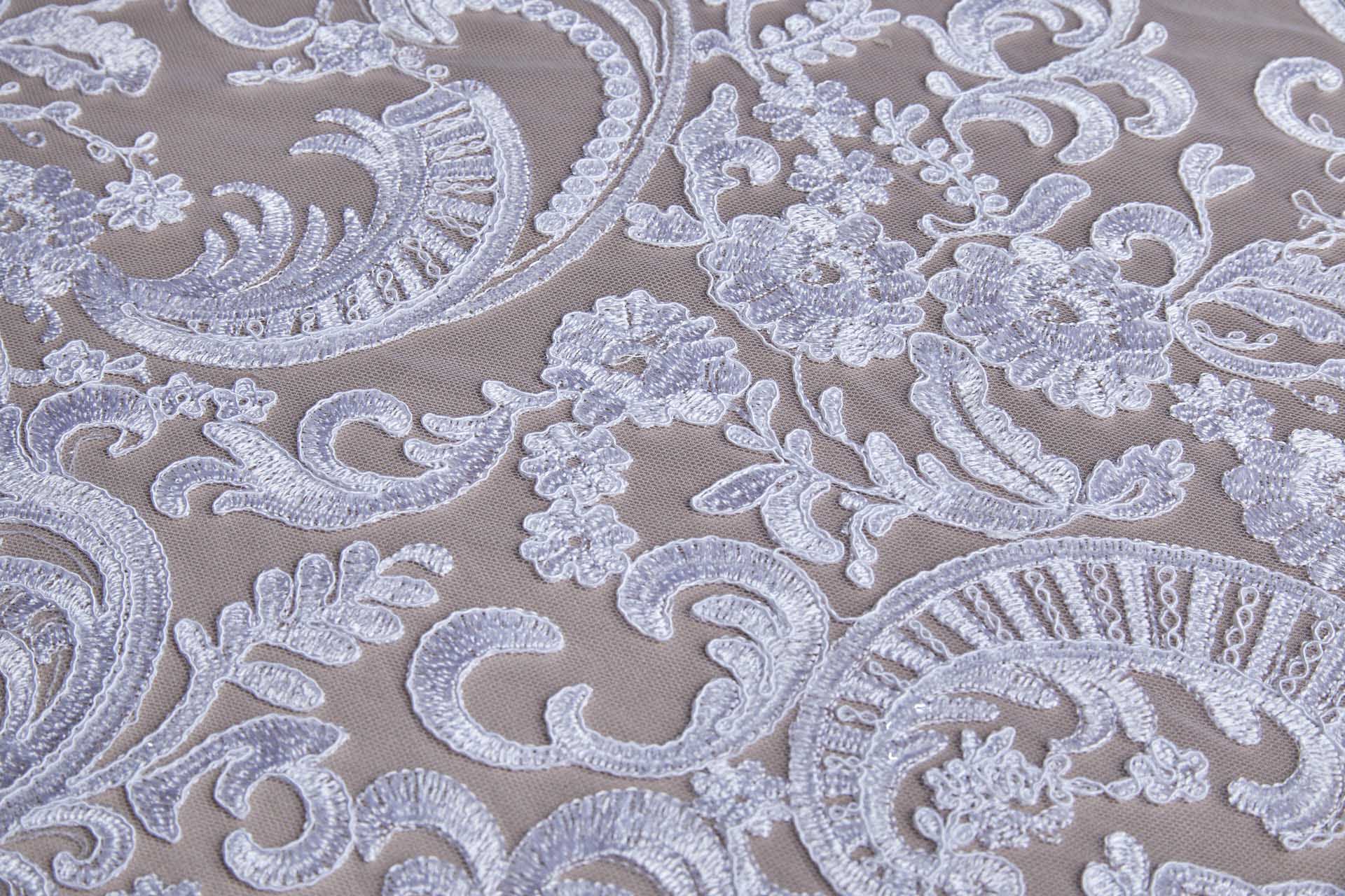 Corded Embroidered Tulle w/Sequins - White - Double Scallop fabric, image 5 of 11