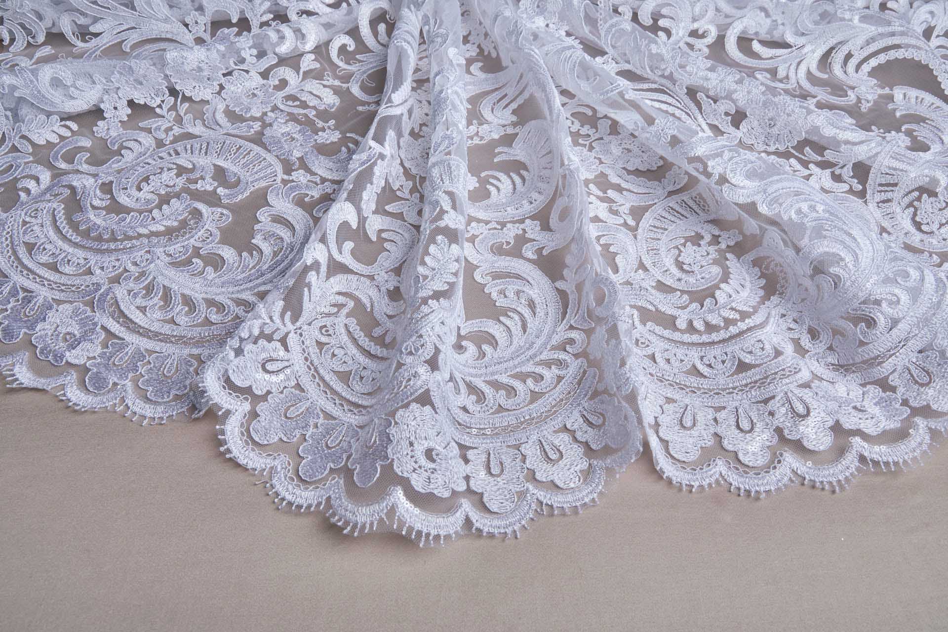 Corded Embroidered Tulle w/Sequins - White - Double Scallop fabric