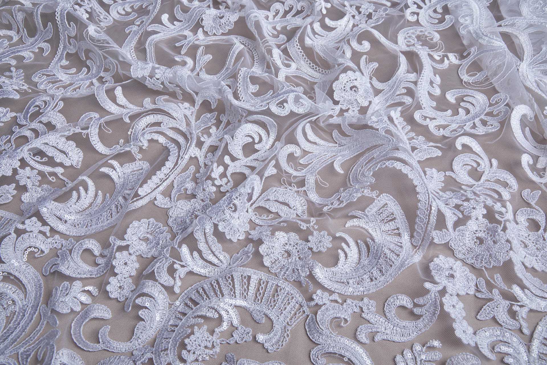 Corded Embroidered Tulle w/Sequins - White - Double Scallop fabric, image 6 of 11