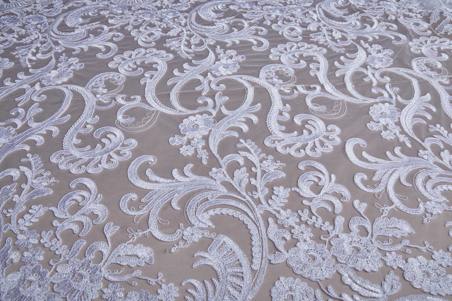 Corded Embroidered Tulle w/Sequins - White - Double Scallop fabric, image 7 of 11