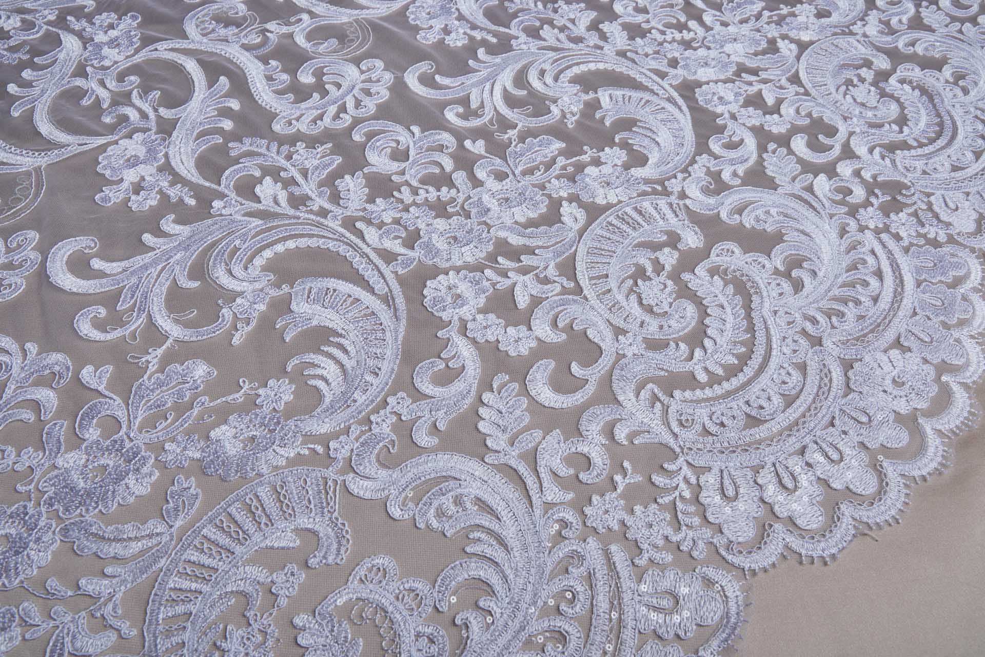 Corded Embroidered Tulle w/Sequins - White - Double Scallop fabric, image 2 of 11