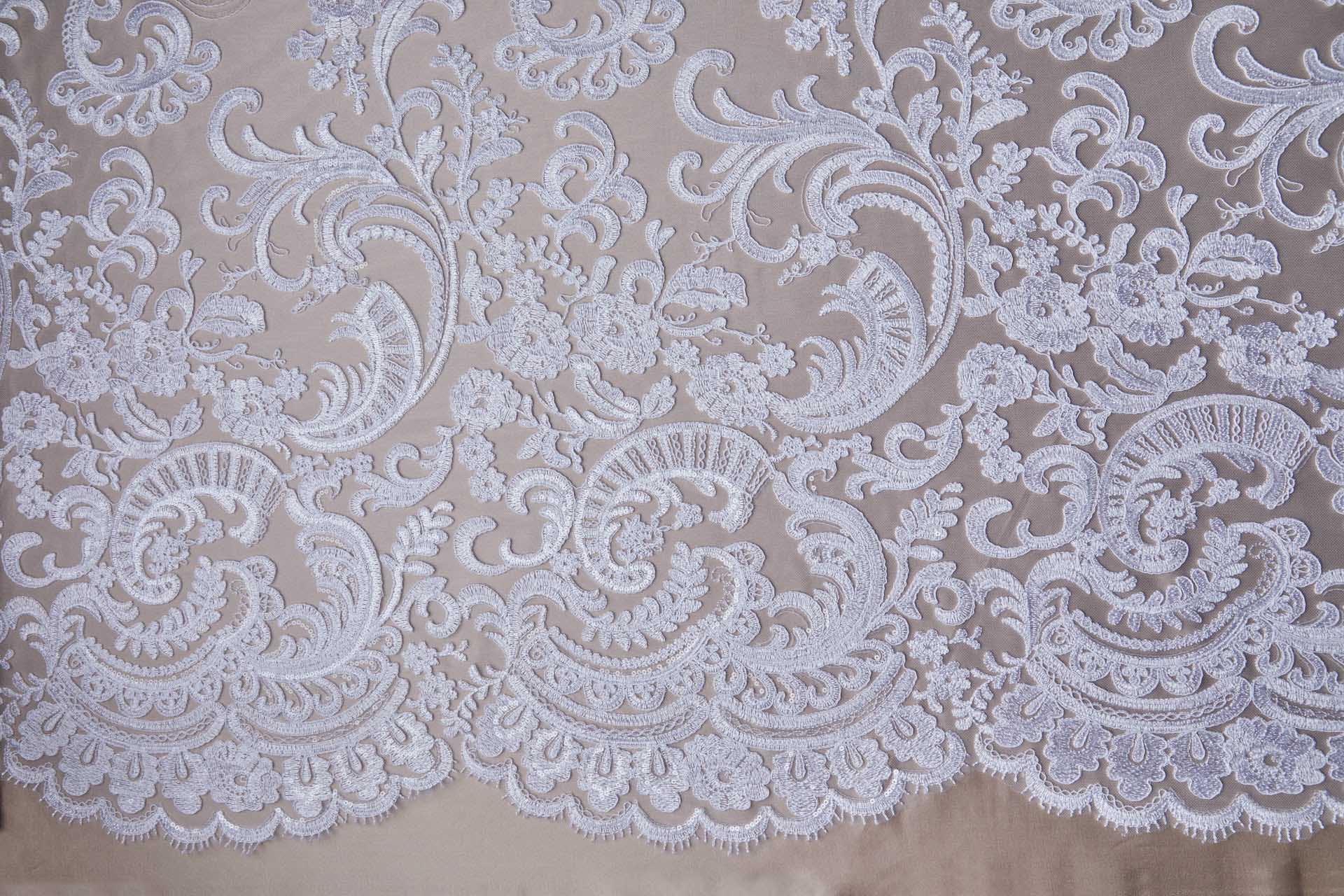 Corded Embroidered Tulle w/Sequins - White - Double Scallop fabric, image 8 of 11