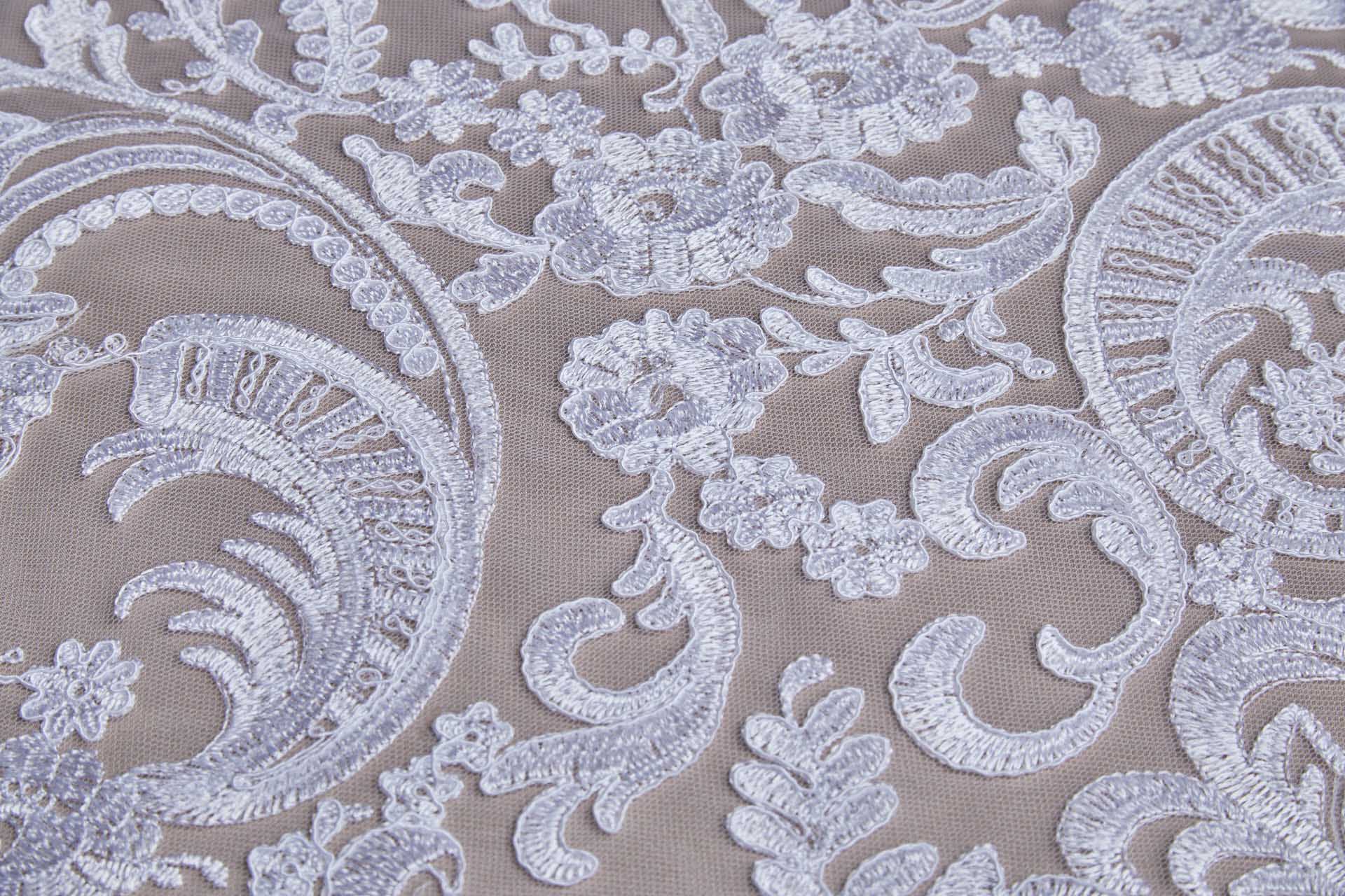Corded Embroidered Tulle w/Sequins - White - Double Scallop fabric, image 9 of 11