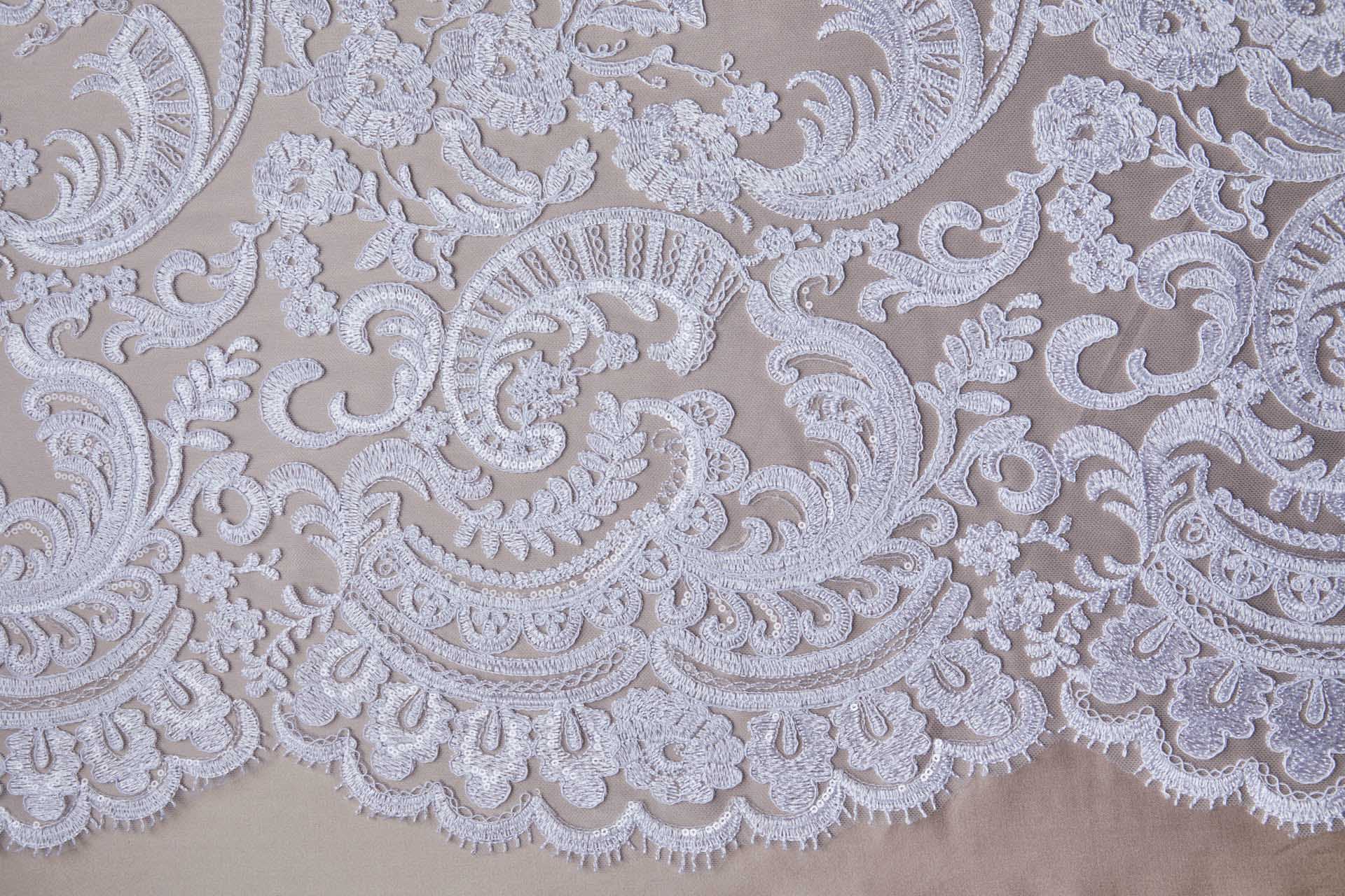 Corded Embroidered Tulle w/Sequins - White - Double Scallop fabric, image 10 of 11