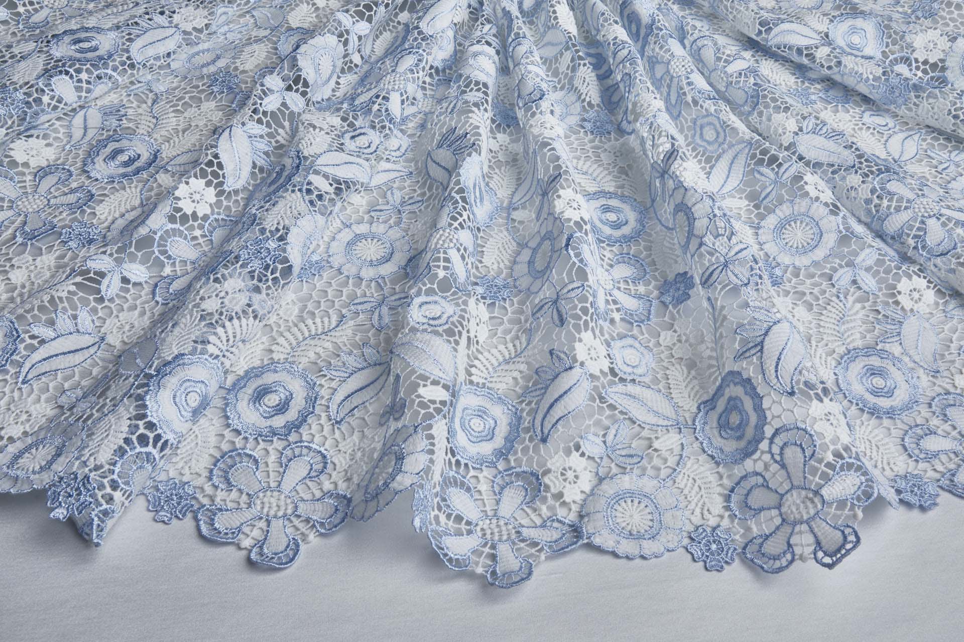 Floral Guipure Lace in Ivory and Pale Blue fabric