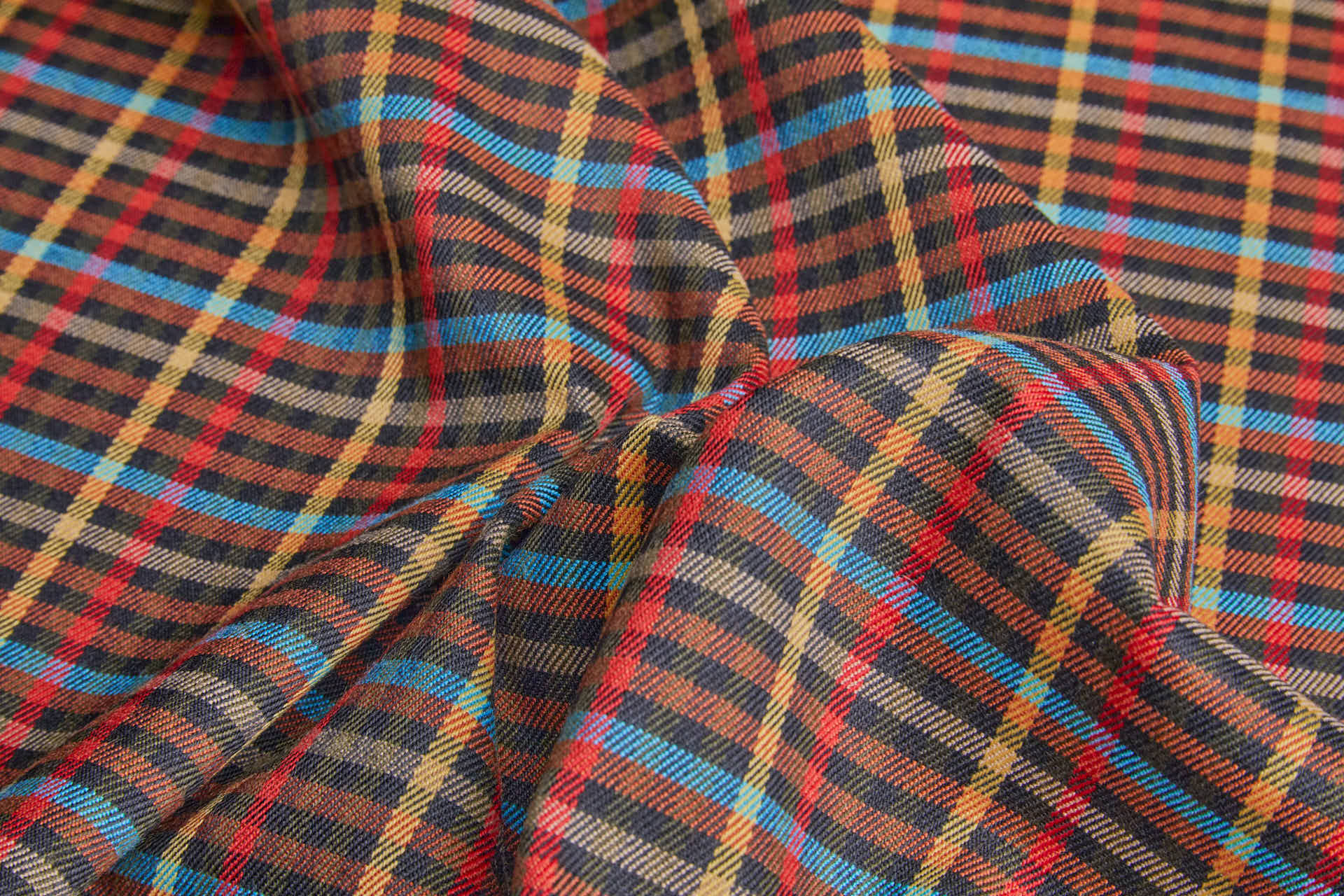 Stretch Tartan - Black, Rust, Mustard, Black, Beige, Blue fabric, image 3 of 9