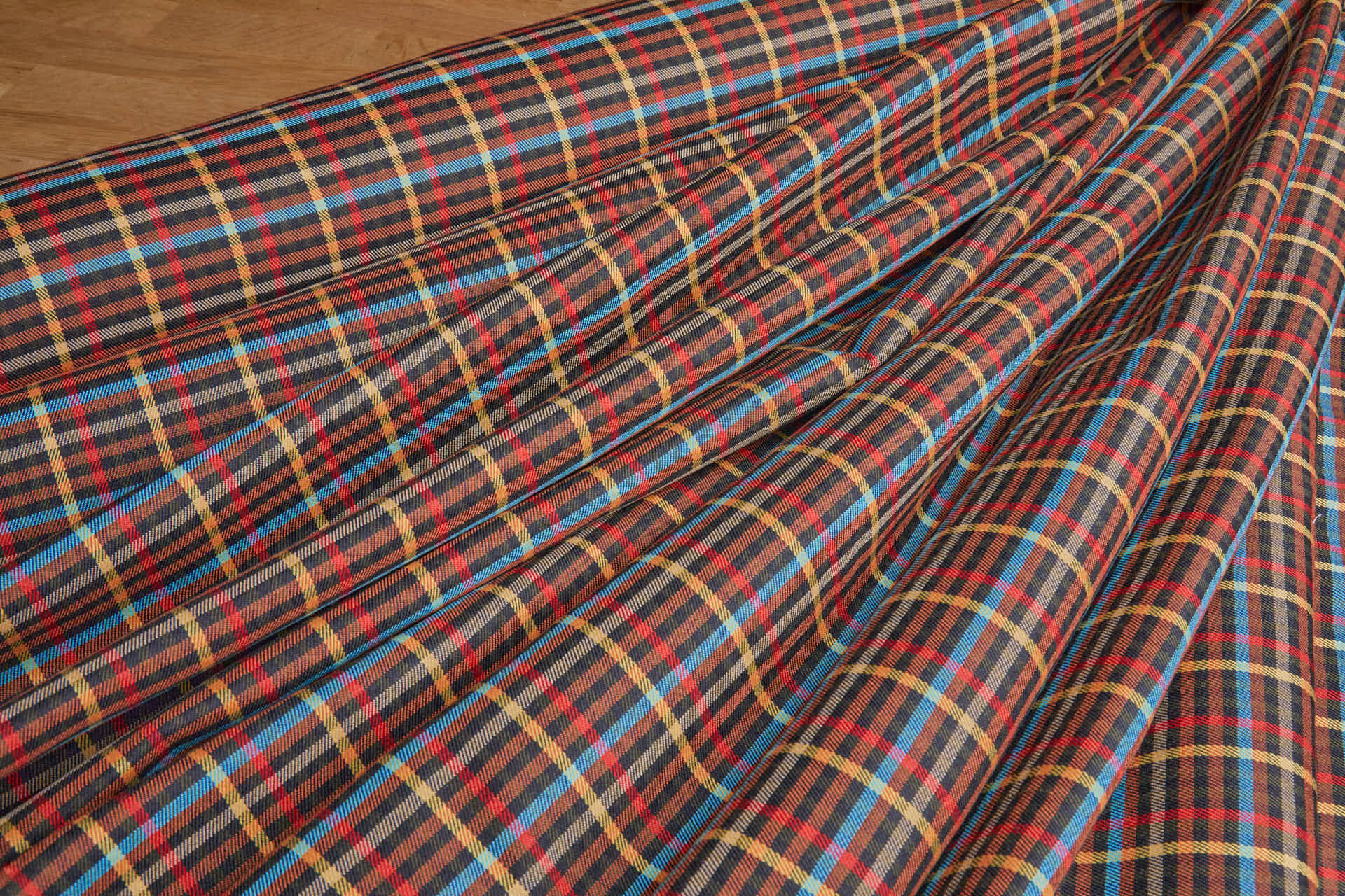 Stretch Tartan - Black, Rust, Mustard, Black, Beige, Blue fabric, image 5 of 9