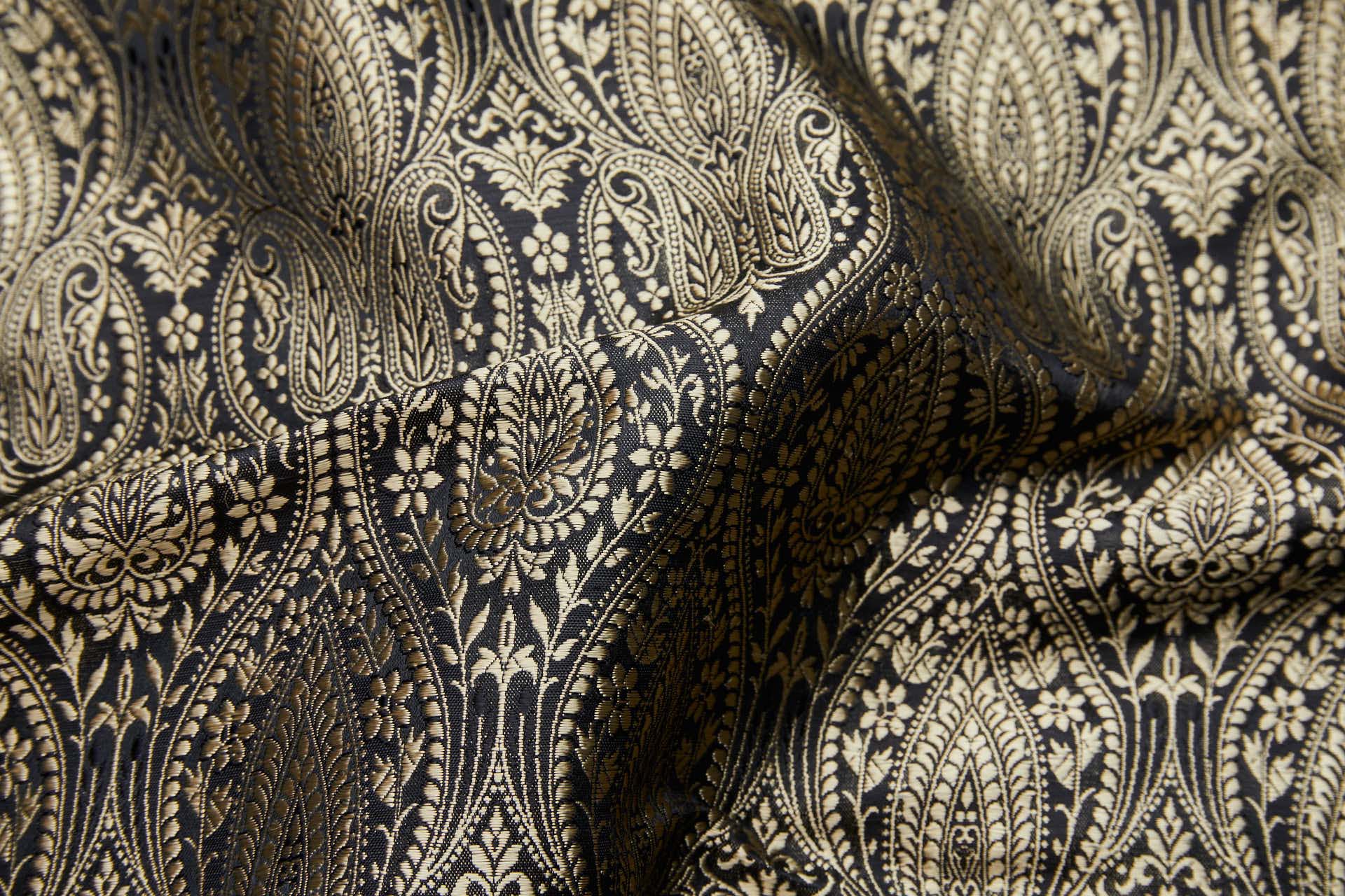 Banaras Brocade - Black and Gold paisley fabric, image 2 of 11