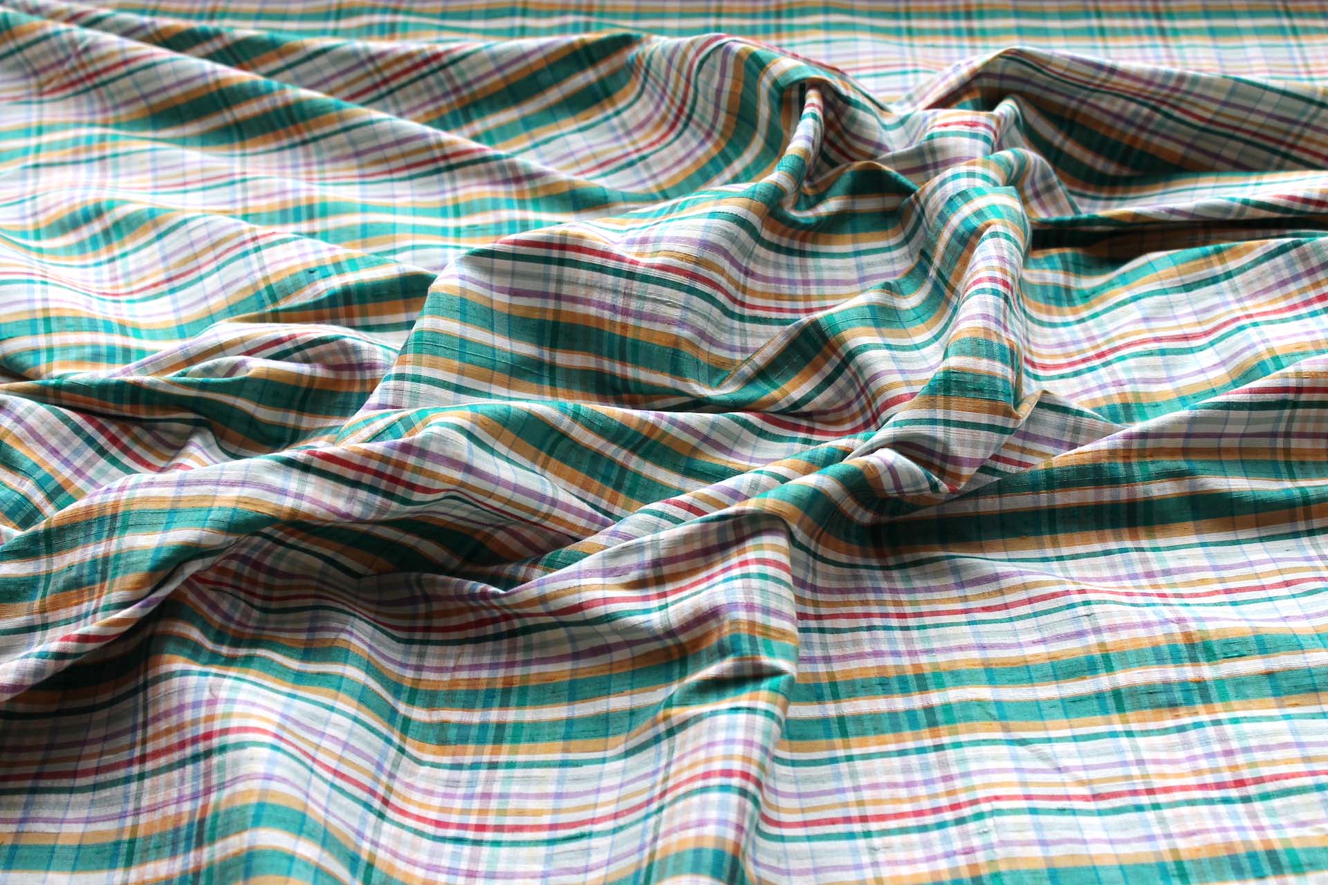 Tartan Check Silk Dupion - Ivory, Green, Lilac and Mustard fabric, image 2 of 5