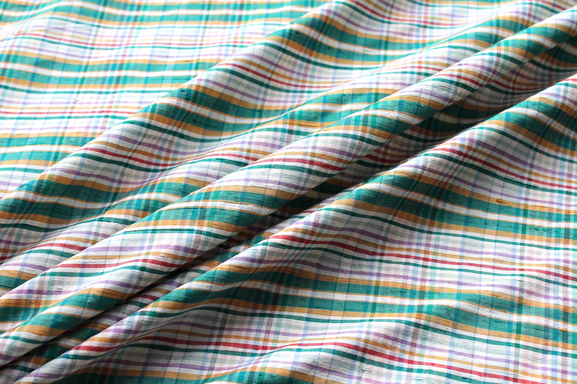 Tartan Check Silk Dupion - Ivory, Green, Lilac and Mustard fabric