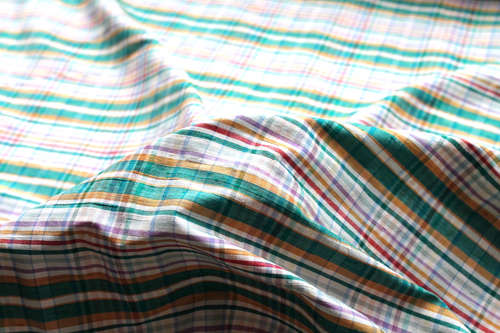 Tartan Check Silk Dupion - Ivory, Green, Lilac and Mustard fabric, image 3 of 5