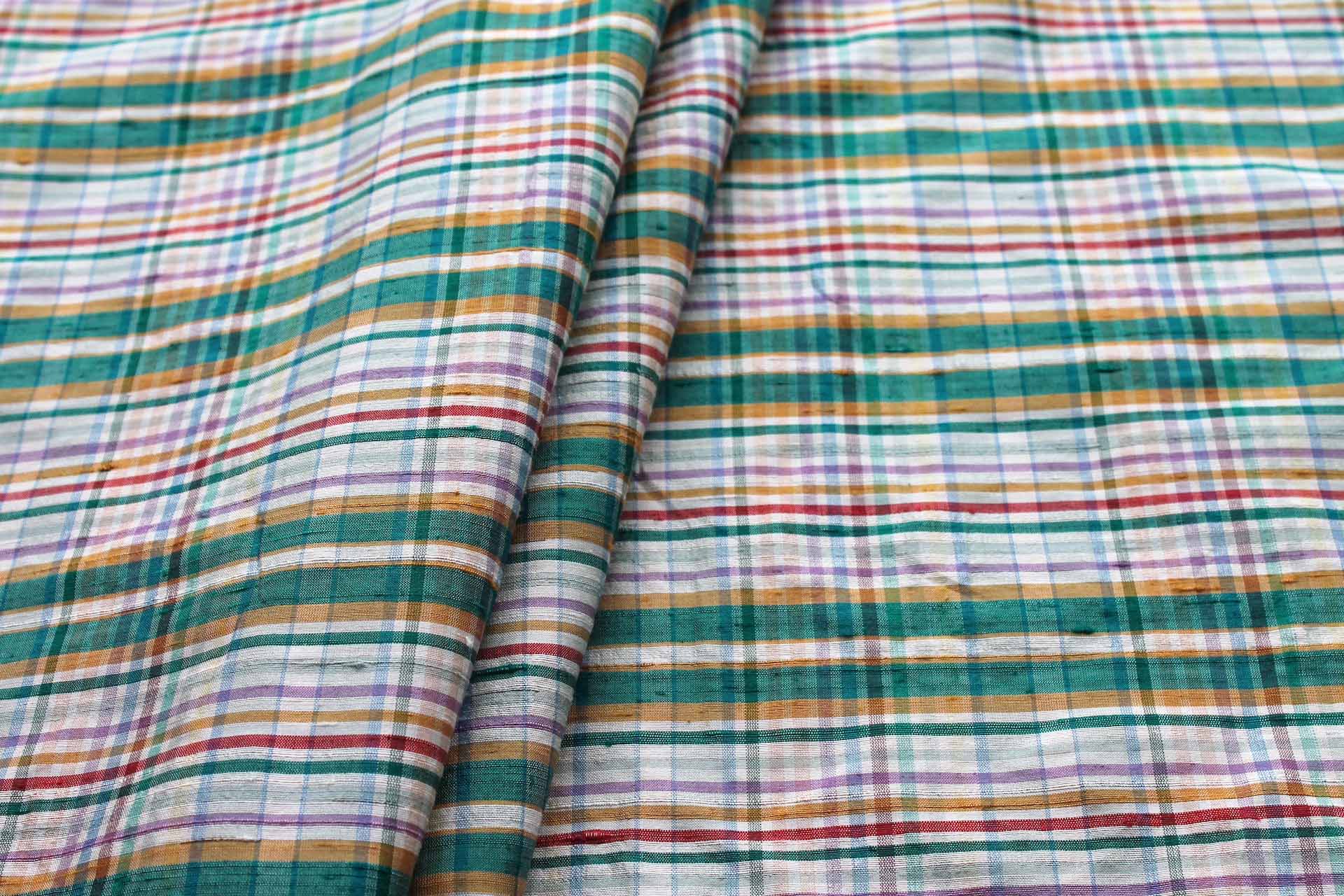 Tartan Check Silk Dupion - Ivory, Green, Lilac and Mustard fabric, image 5 of 5
