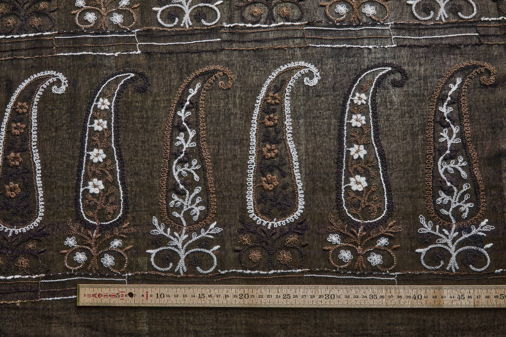 Embroidered Wool Muslin Crepe Paisley - Natural and Brown on Black fabric, image 8 of 8