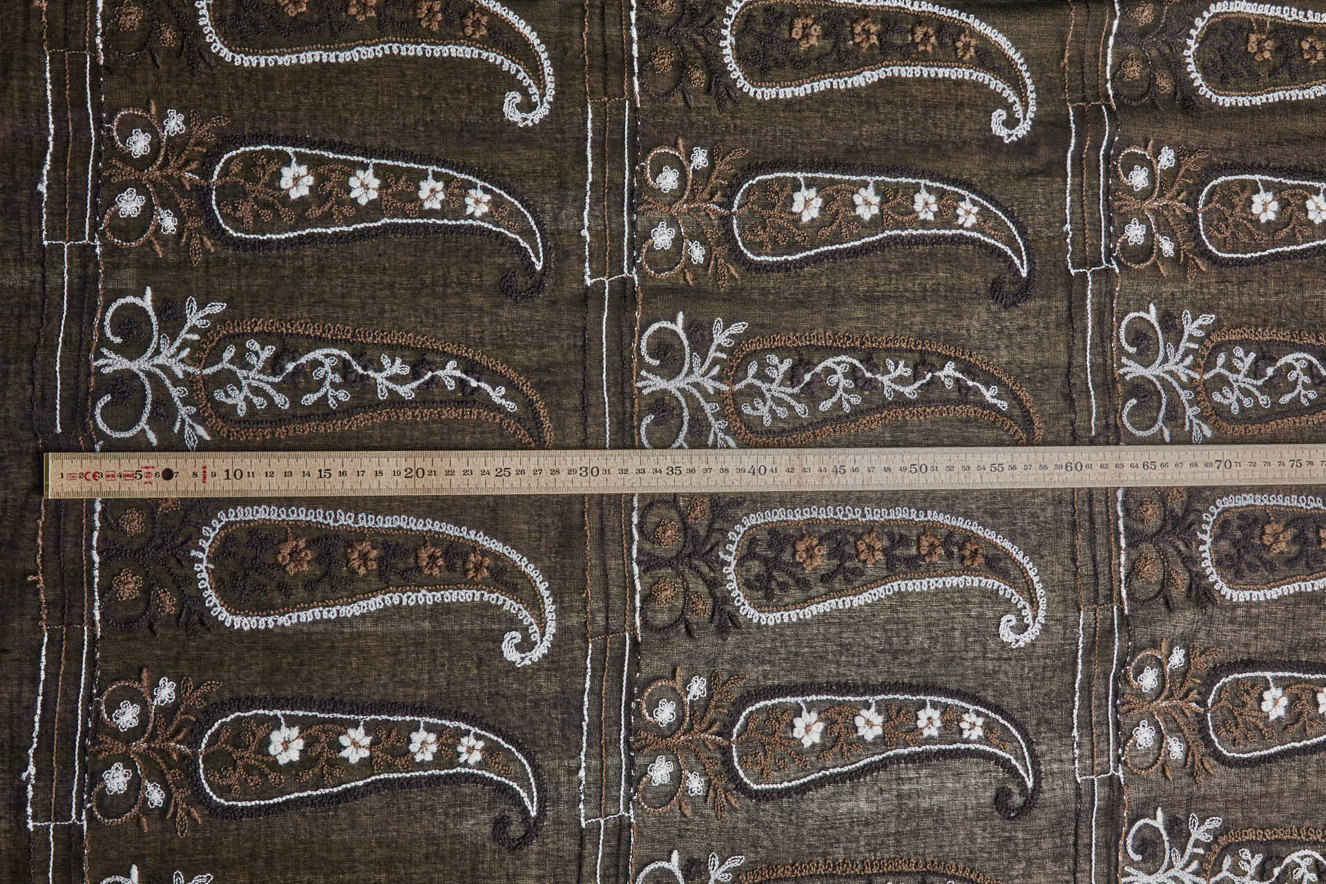 Embroidered Wool Muslin Crepe Paisley - Natural and Brown on Black fabric, image 7 of 8