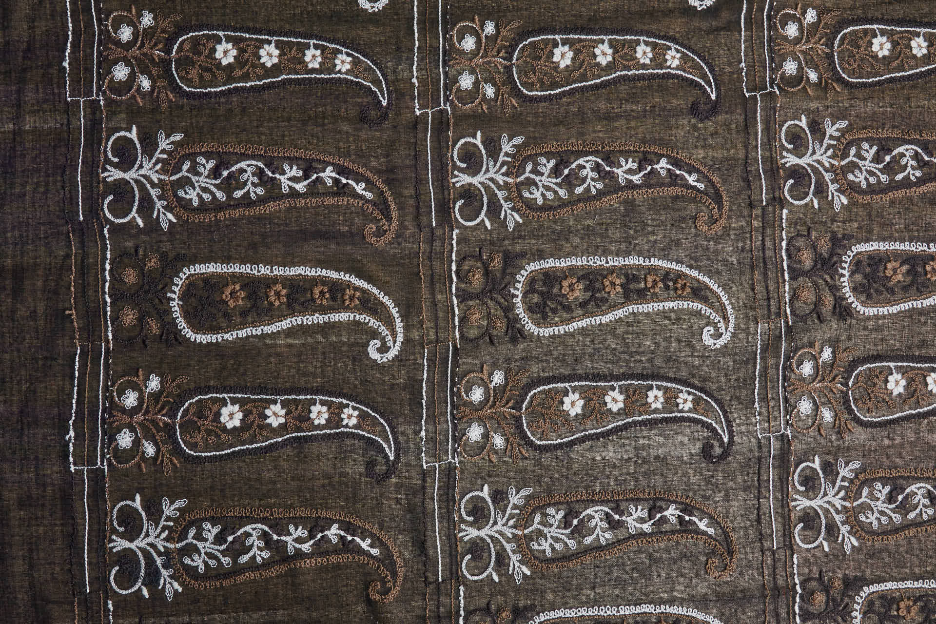 Embroidered Wool Muslin Crepe Paisley - Natural and Brown on Black fabric, image 6 of 8