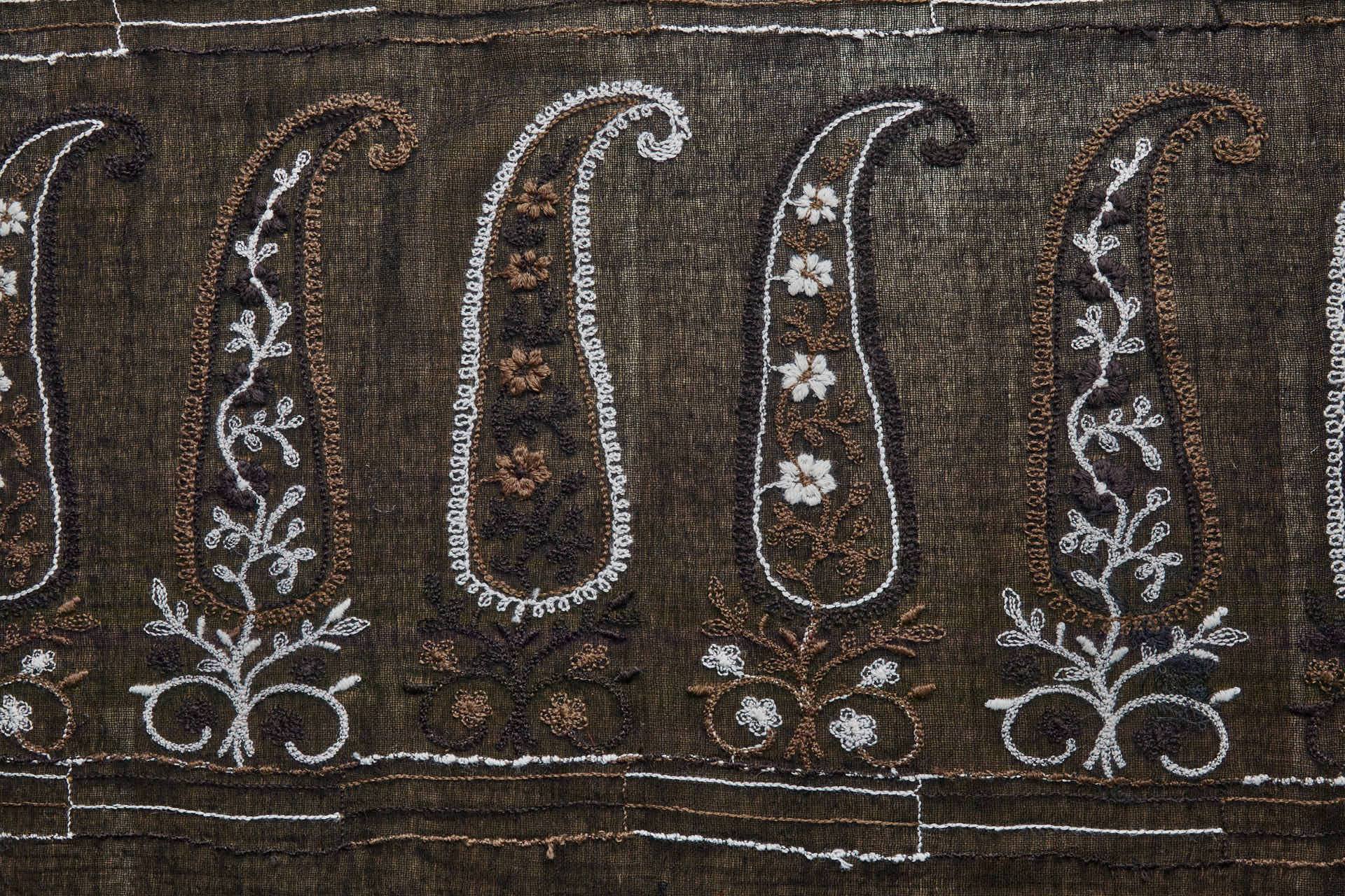 Embroidered Wool Muslin Crepe Paisley - Natural and Brown on Black fabric, image 5 of 8