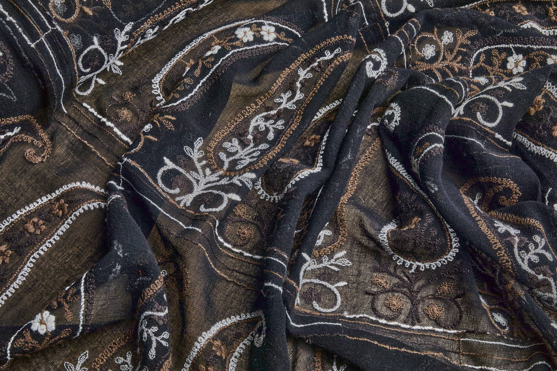 Embroidered Wool Muslin Crepe Paisley - Natural and Brown on Black fabric, image 4 of 8