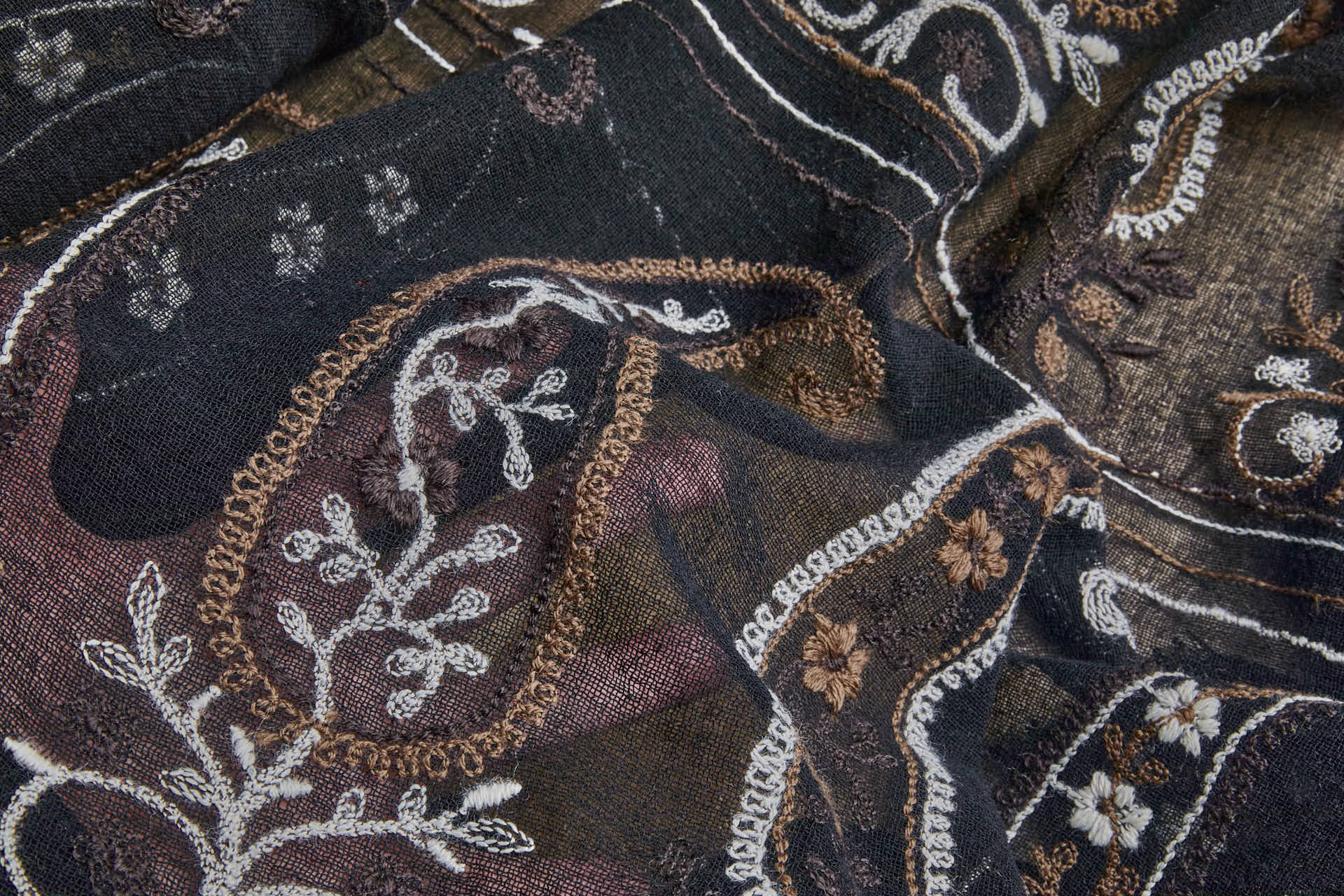 Embroidered Wool Muslin Crepe Paisley - Natural and Brown on Black fabric, image 3 of 8