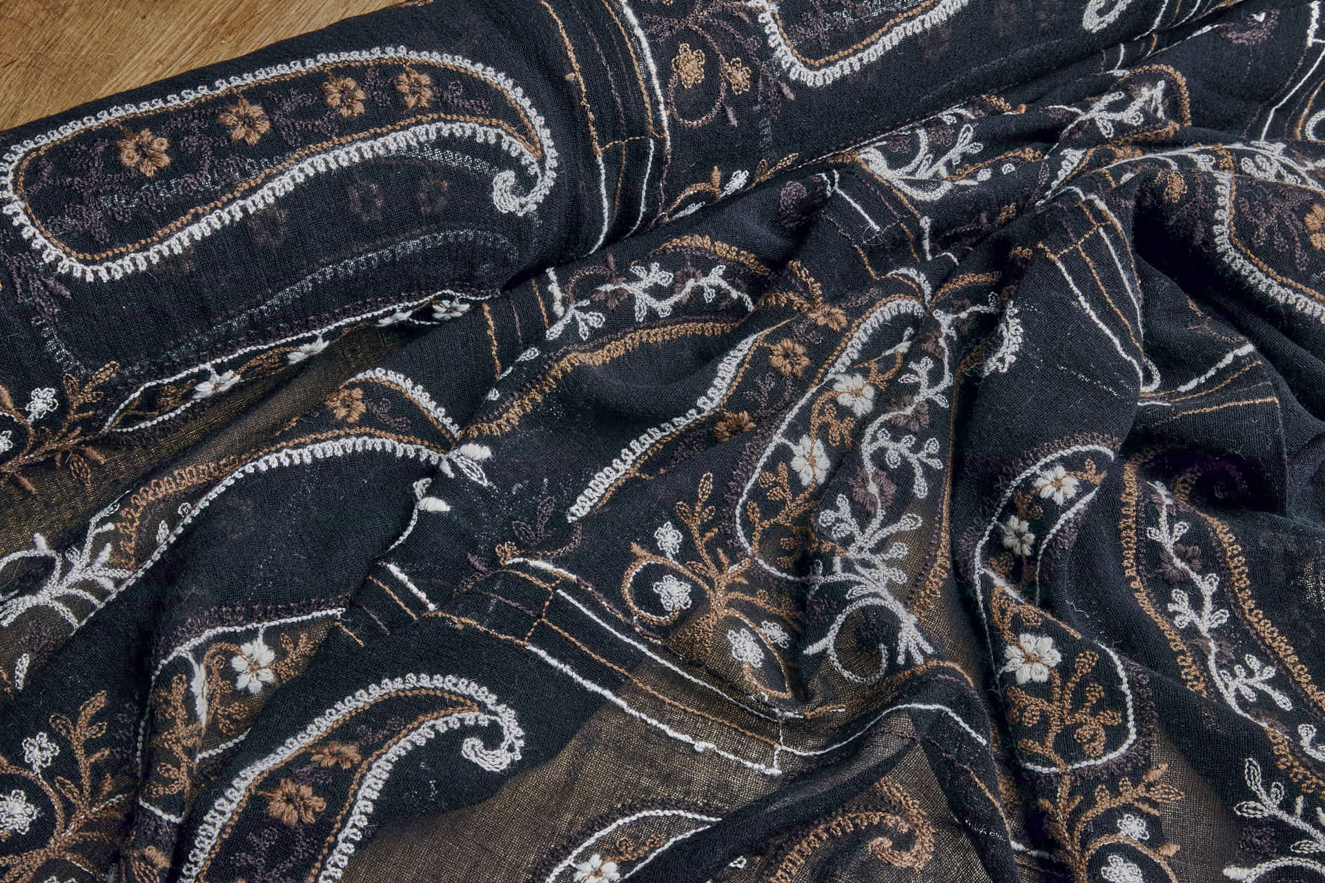 Embroidered Wool Muslin Crepe Paisley - Natural and Brown on Black fabric, image 2 of 8