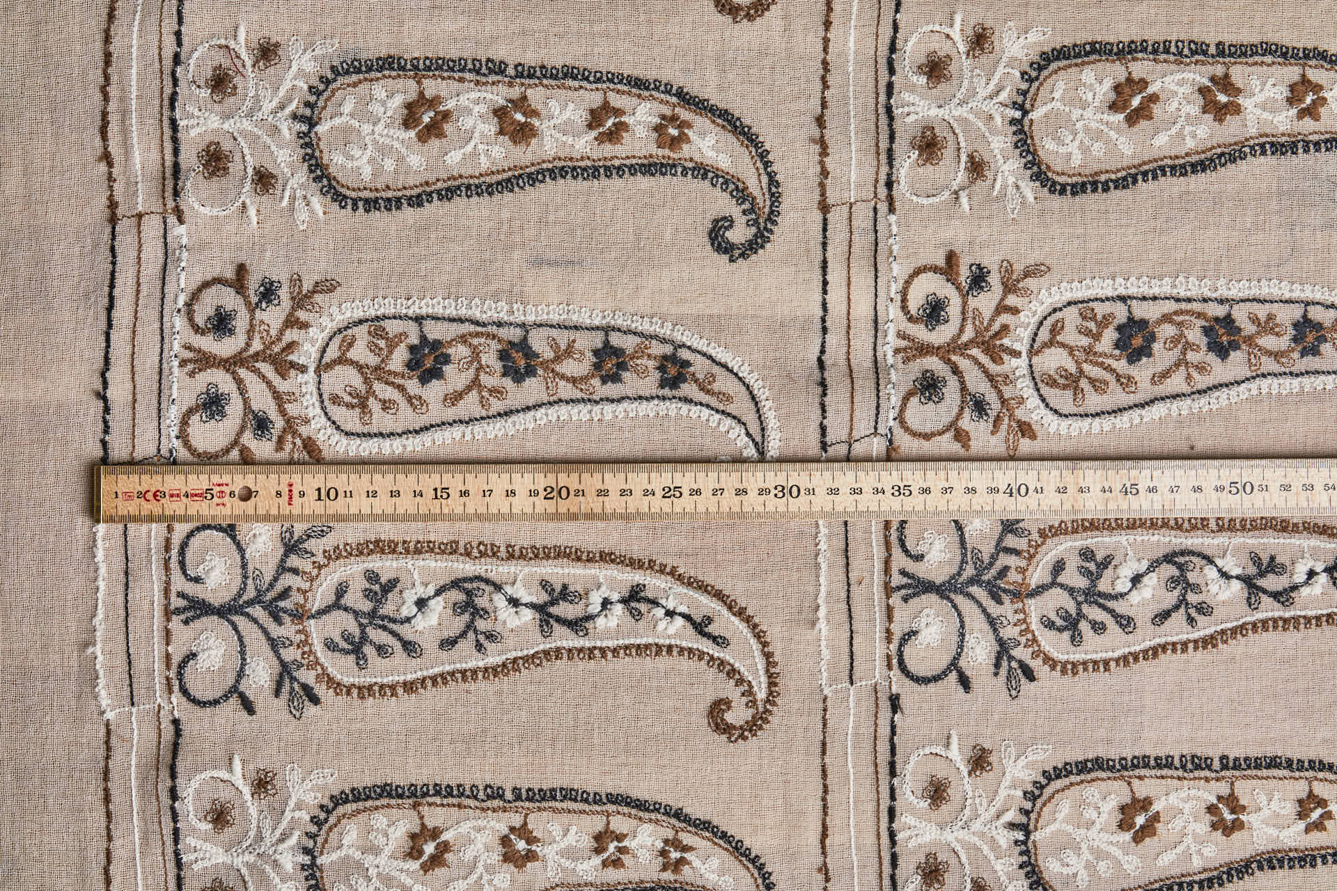 Embroidered Wool Muslin Crepe Paisley - Natural and Brown on Ecru fabric, image 7 of 8