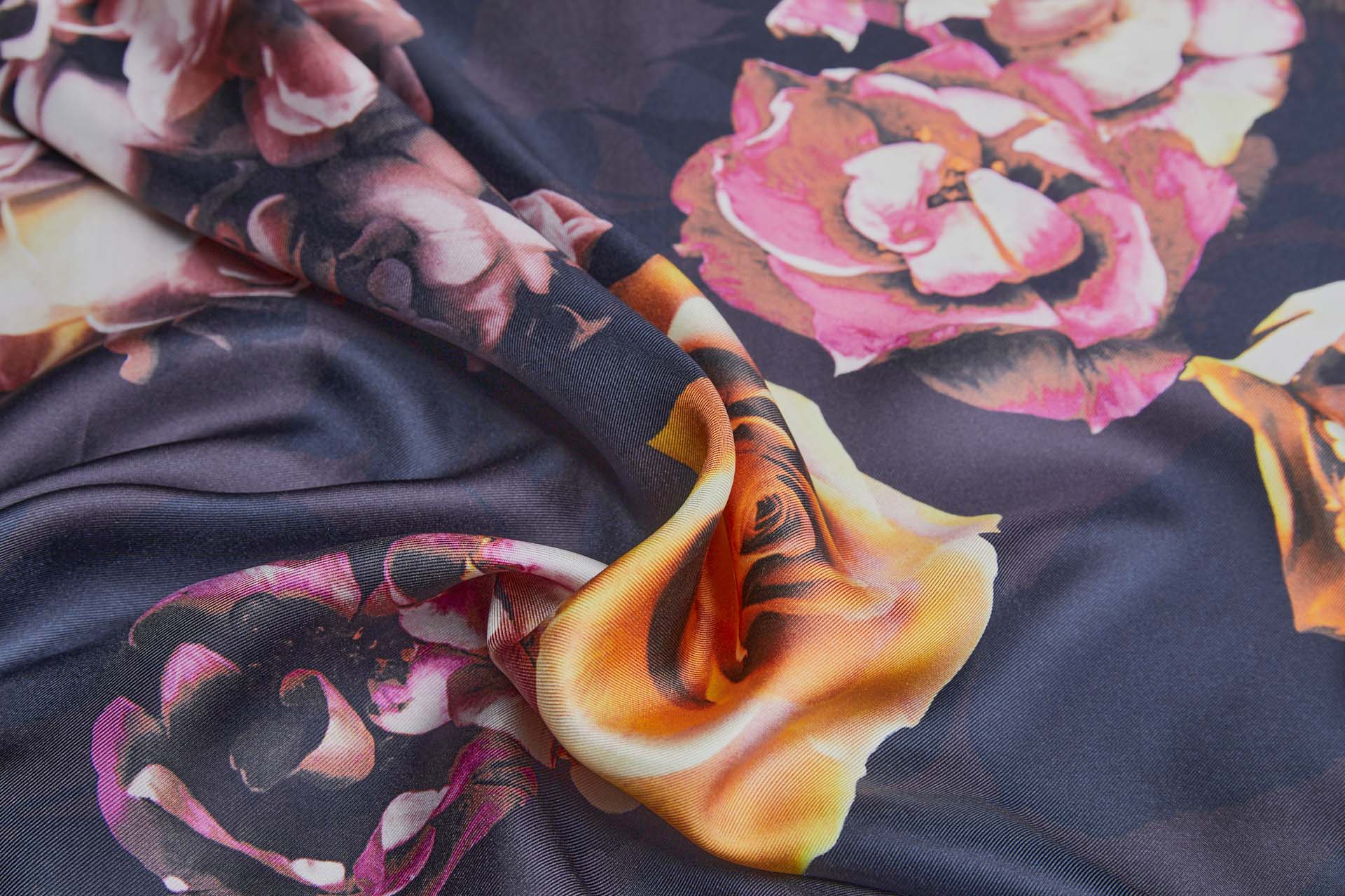 Large Floral Print on Inky Blue Purple Silk Twill fabric