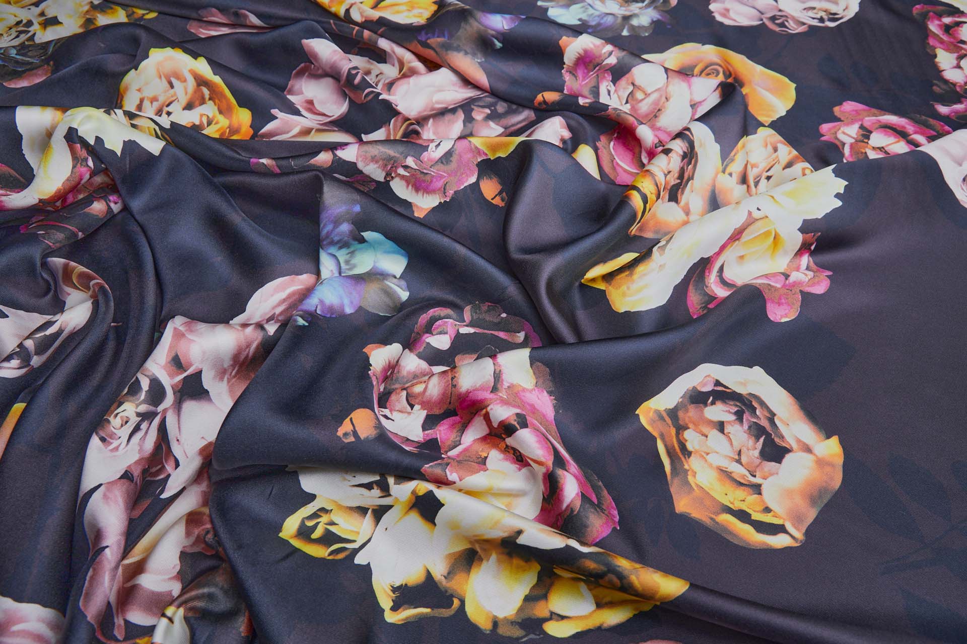 Large Floral Print on Inky Blue Purple Silk Twill fabric, image 4 of 9