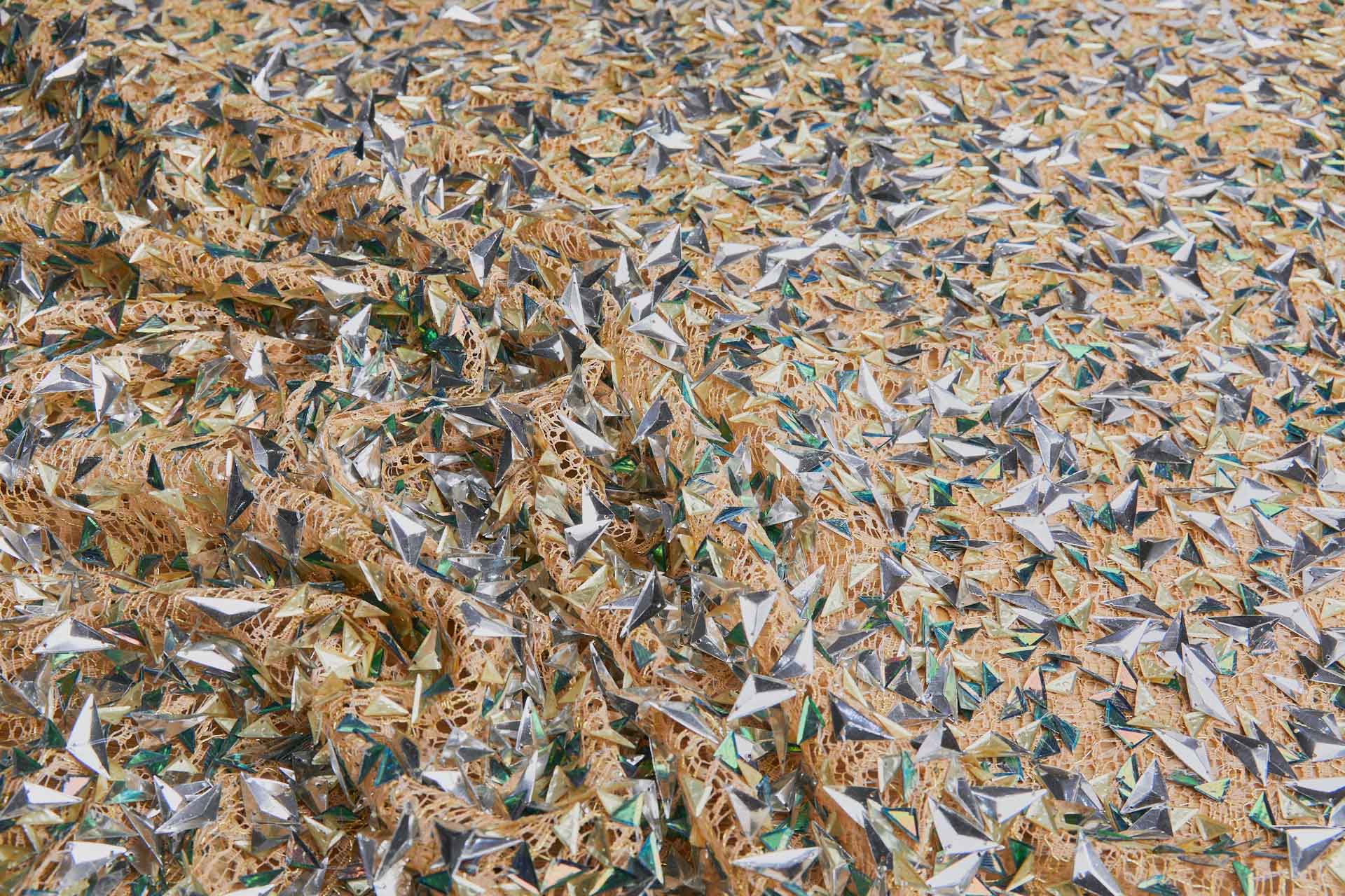 Triangular Silver, Green and Gold Sequins on Light Peach Mesh fabric