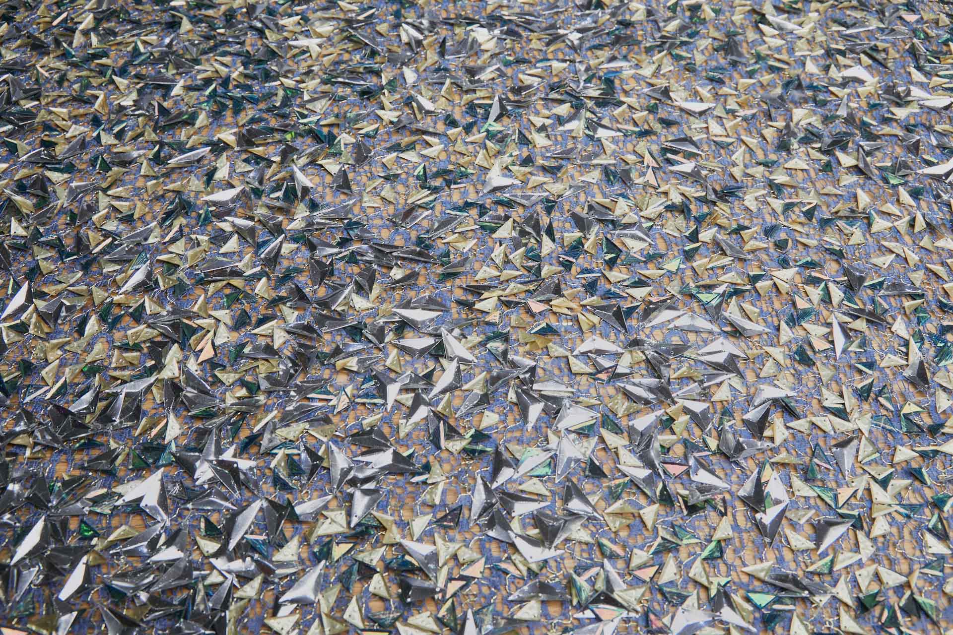 Triangular Silver, Green and Gold Sequins on Blue Mesh fabric, image 8 of 8